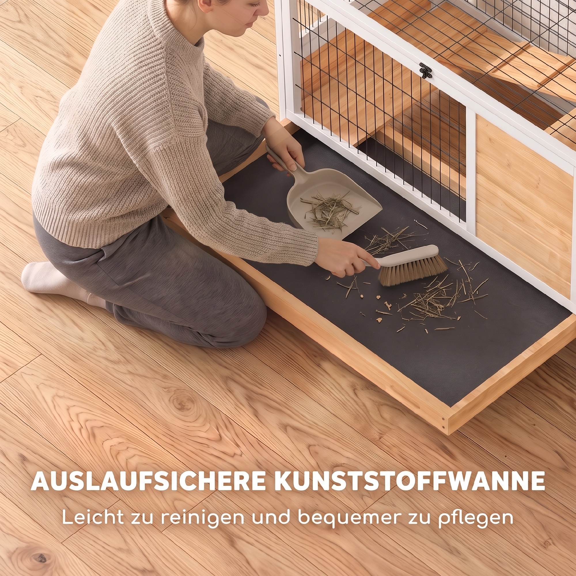 Kaninchenstall aus Holz Hasenstall mit 2 Etagen Klappdach Rädern Zwei Eingängen Rampe Ausziehbarem Tablett 90x53x59cm