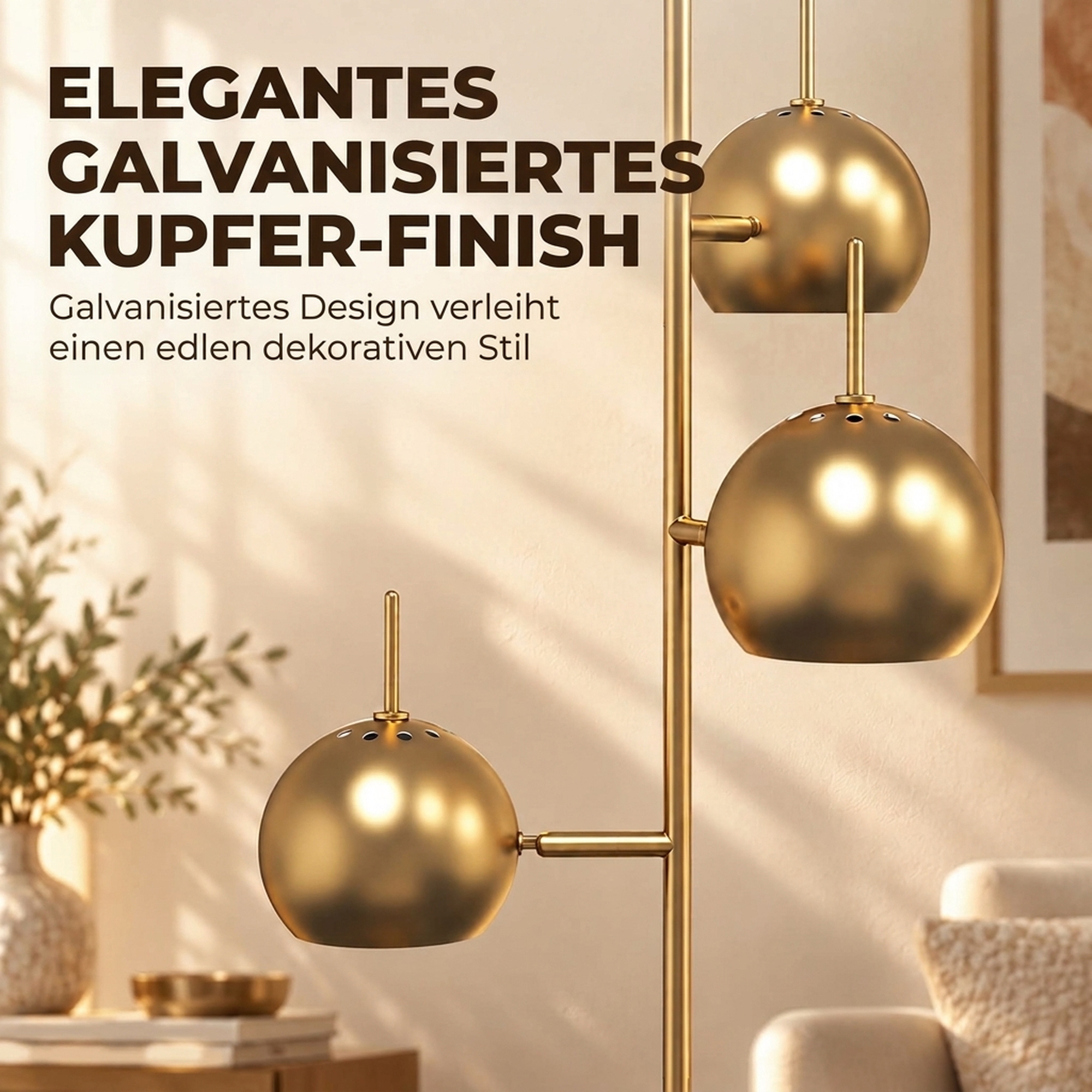 Stehlampe 350° verstellbar für Wohnzimmer und Büro Stehleuchte mit 3 Schirmen aus Stahl Gold