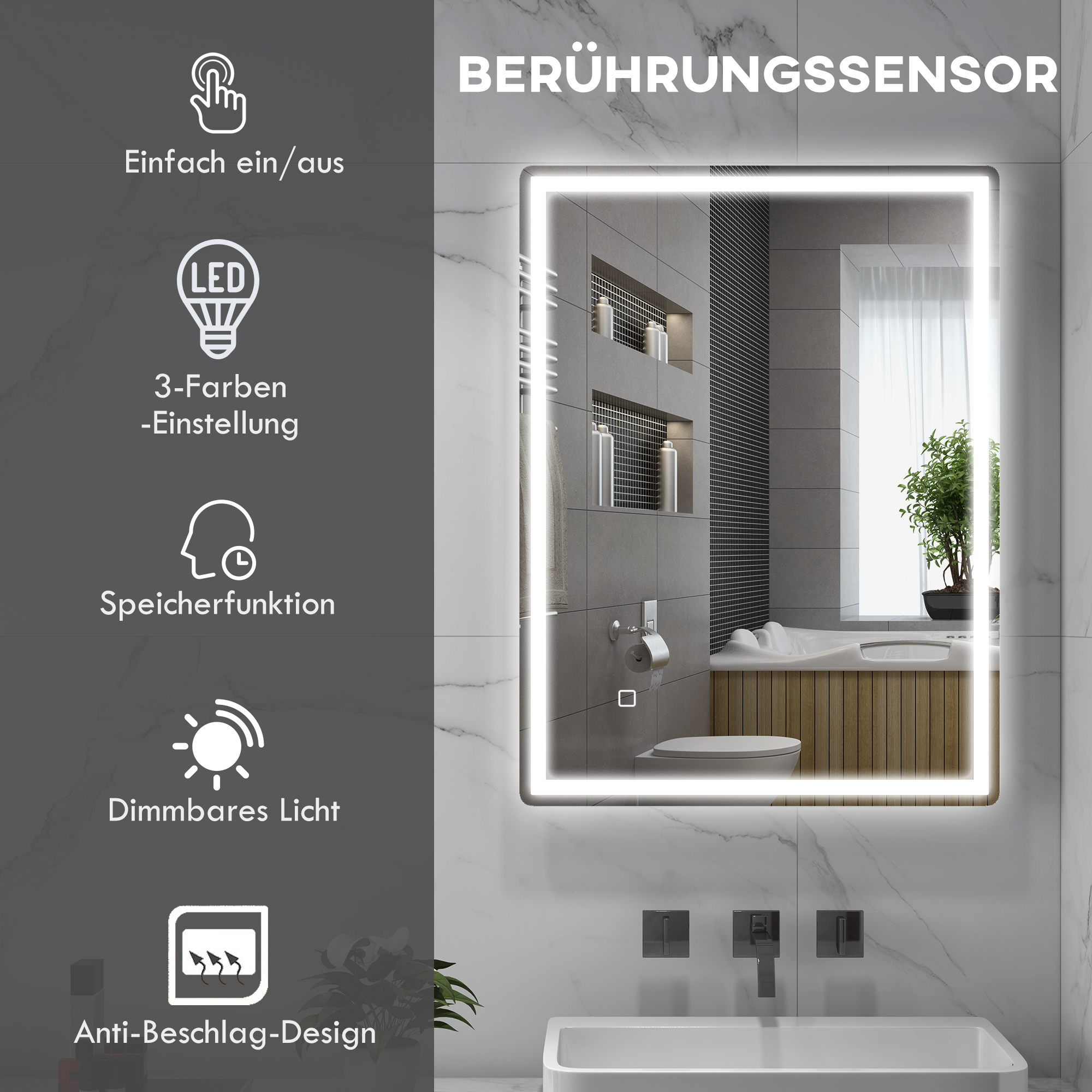 Badspiegel Badezimmerspiegel Wandspiegel LED´s. Ber, gsschalter, Antibeschlagfunktion, 60 x 80 x 4 cm, Weiß