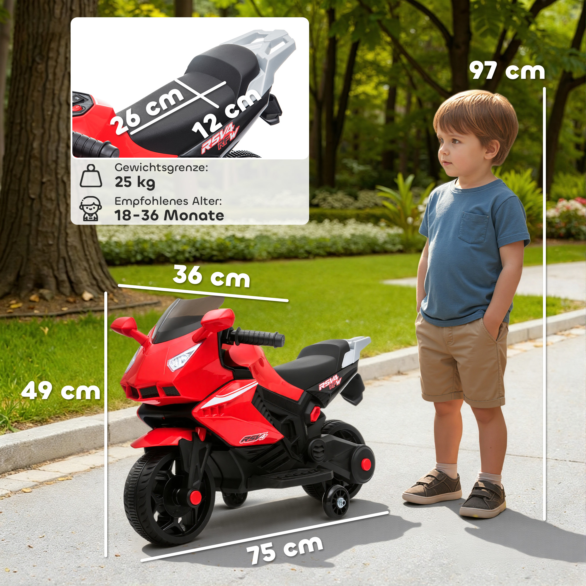 Elektro-Motorrad für Kinder, Hupe, Scheinwerfer, Musikfunktion, 2,5 km/h, Rot