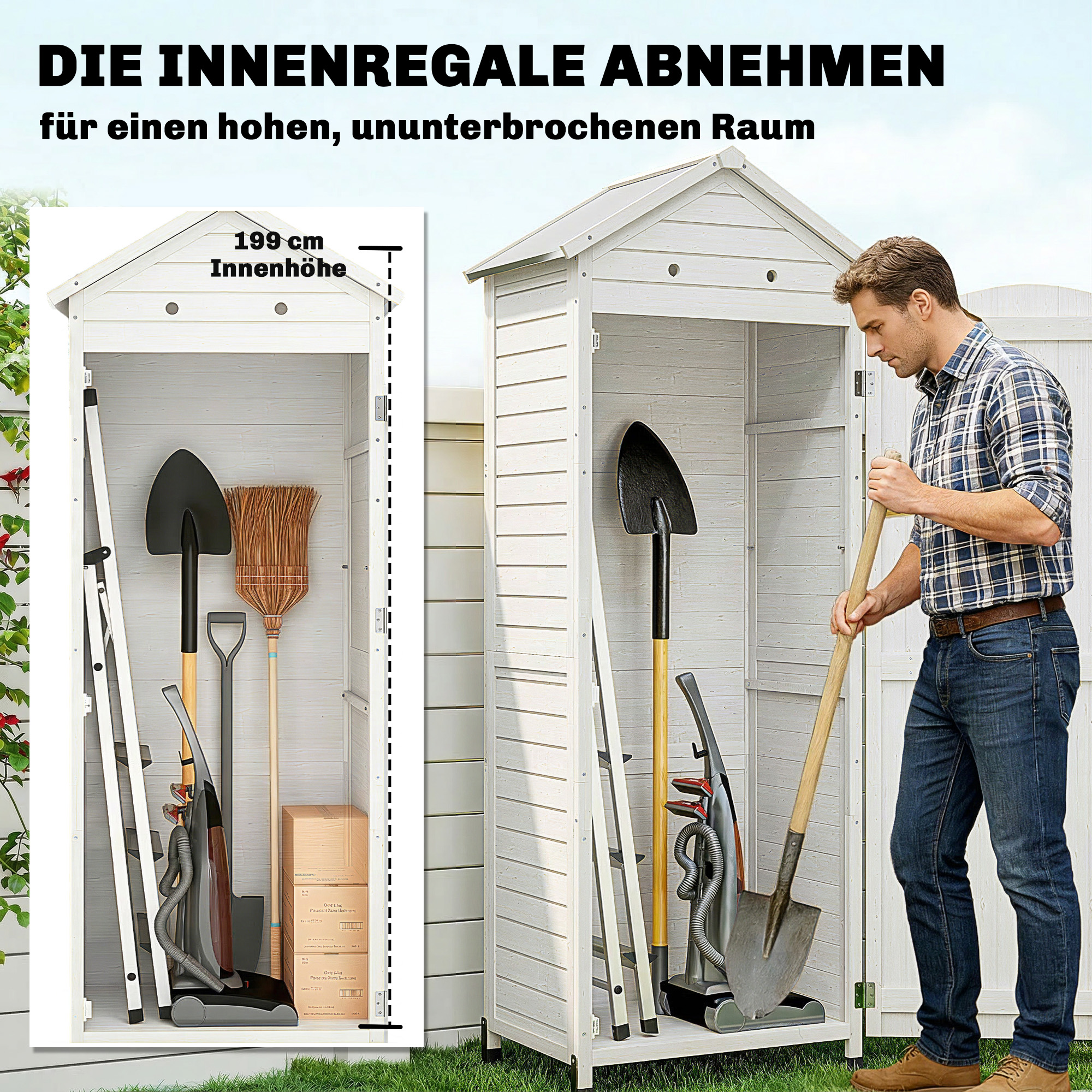 Gartenschrank Holz extra hohe Geräteschuppen mit verstellbar Ablage magnetisch Tür galvanisiert Dach Belüftung