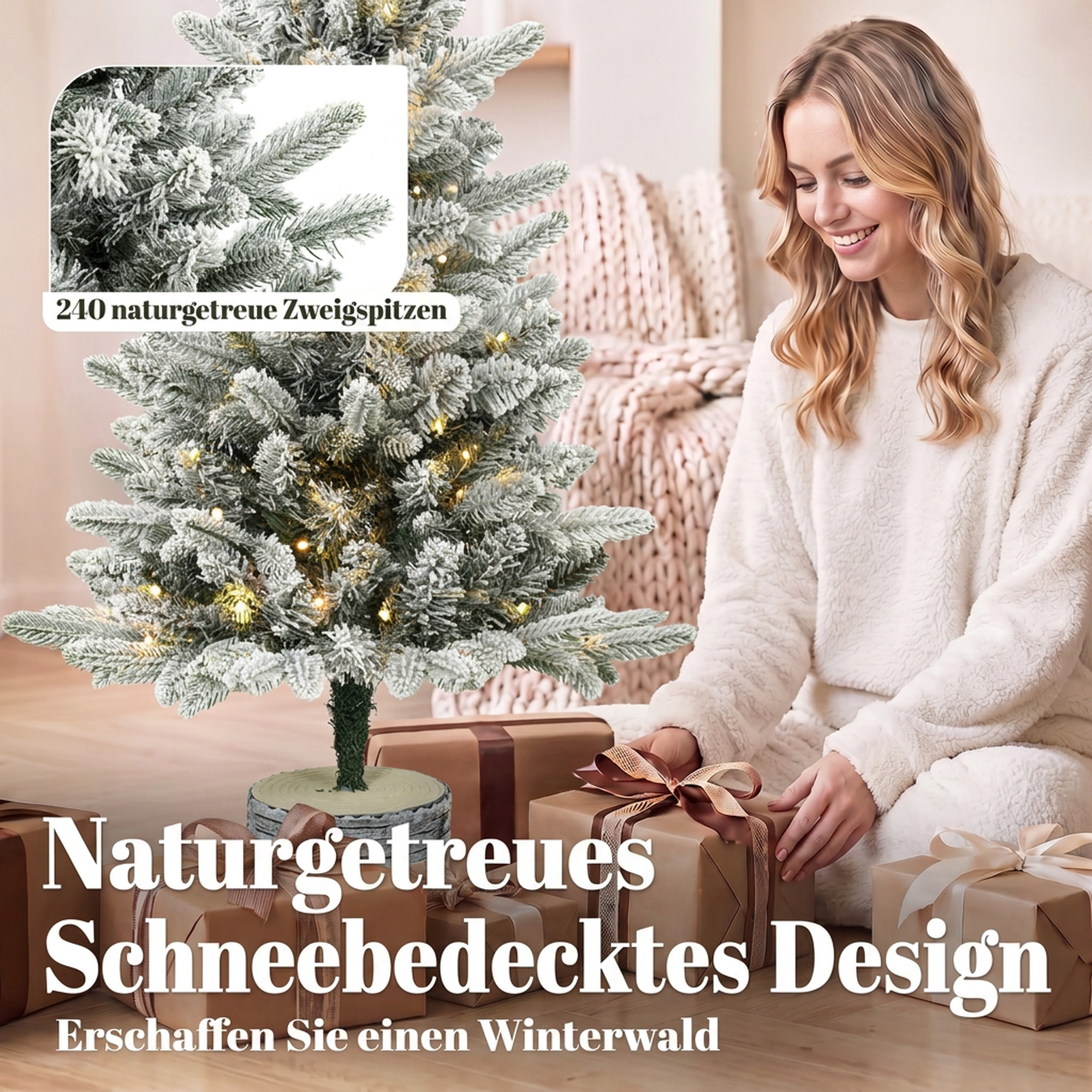 künstlicher Weihnachtsbaum, 90 cm Christbaum mit 50 LED-Beleuchtung 240 Spitzen Kunstschnee Magnesiumoxid-Sockel