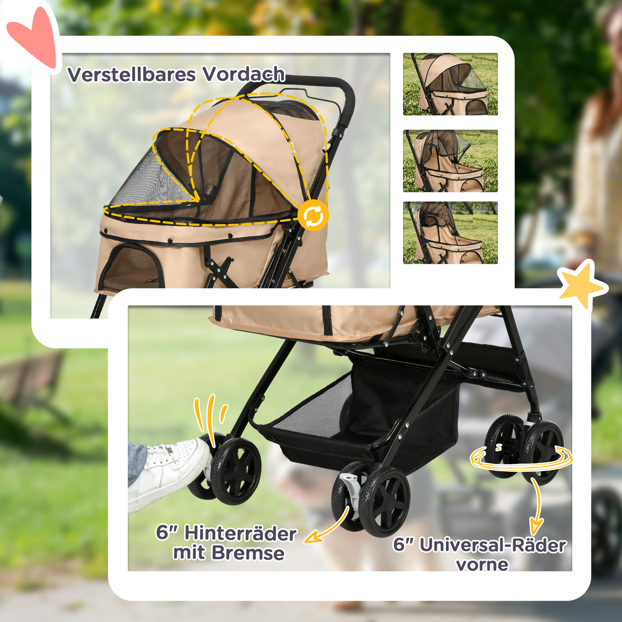 Hundewagen Hundebuggy klappbar, 1 Korb, 2 Bremsen, inkl. Sicherheitsleine, Hellbraun