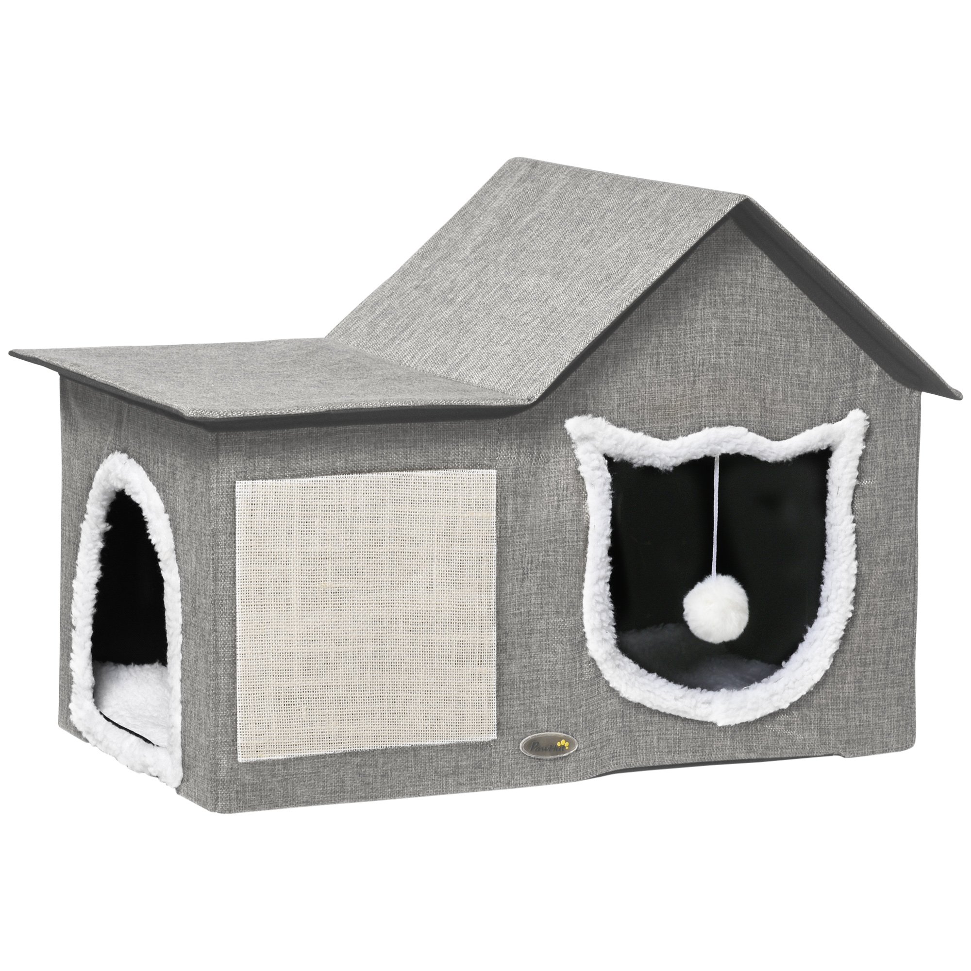 Katzenhaus mit Kratzfläche, inkl. Spielball, Katzenhöhle, 65 cm x 41 cm x 45.5H cm, Braun + Weiß + Beige Katzenhaus mit Kratzfläche, inkl. Spielball, Katzenhöhle, 65 cm x 41 cm x 45.5H cm, Braun + Weiß + Beige