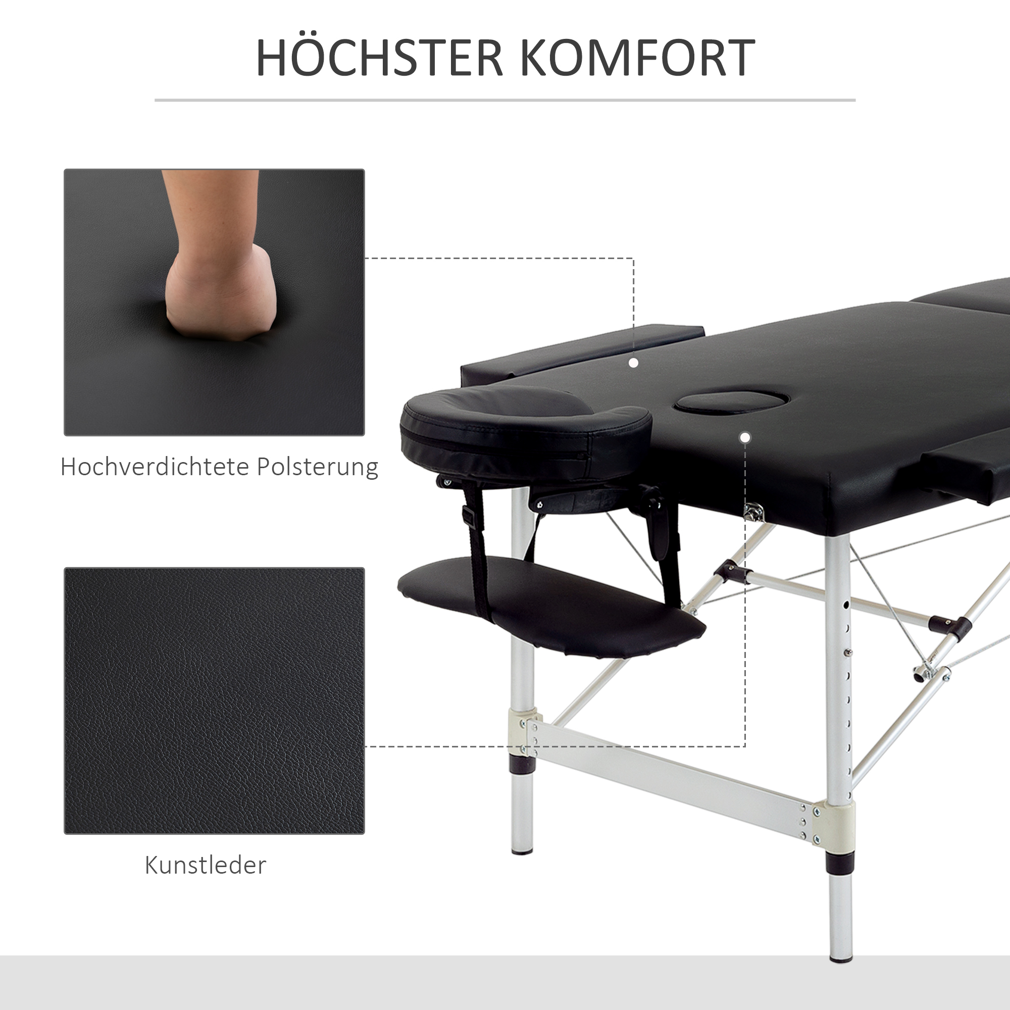Massageliege, 2 Zonen klappbarer Massagetisch mit Kunstleder, Kopfstütze, Armlehnen, Tasche, höhenverstellbare Massagebank 90cm Breit bis 225 kg belastbar, Schwarz