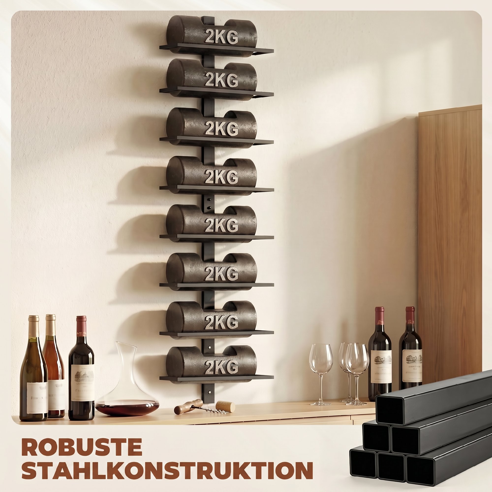 Weinregal, Wandregal für 8 Flaschen Wein, 8 Ebenen, Stahlrohr, für Küche, Wohnzimmer, Hausbar, Schwarz