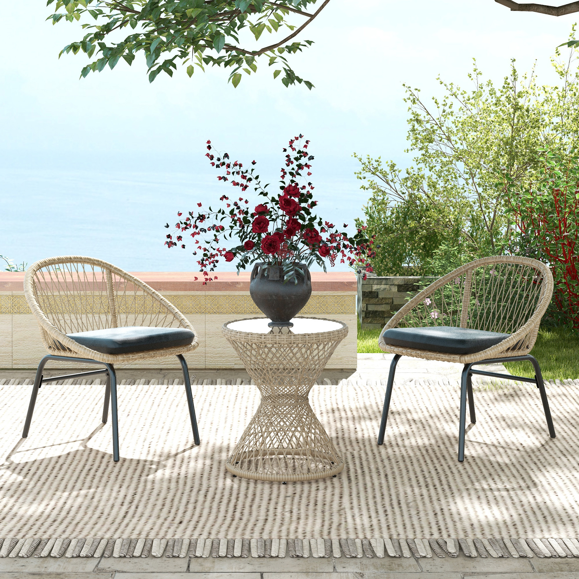 Couchtisch Beistelltisch Boho-Design, Glasplatte, PE-Rattan, 45 cm x 45 cm x 52 cm, Natur