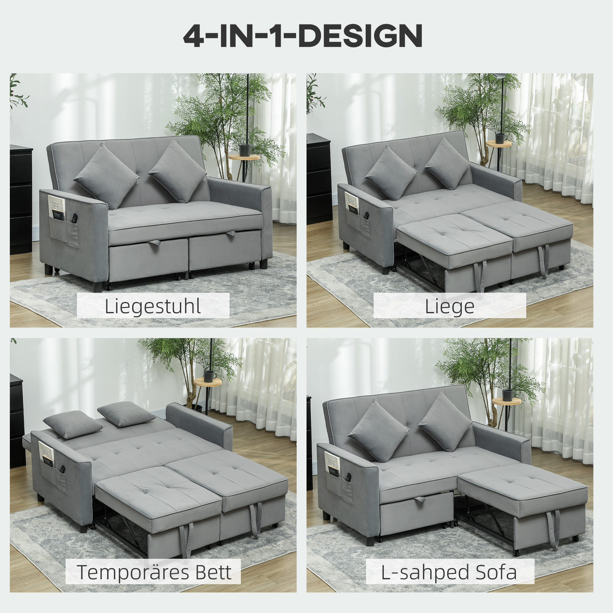 4-in-1 Sofa, verstellbare Couch, Sofabett, mit Kissen, Stoffbezug, für Wohnzimmer, Schlafzimmer, Grau