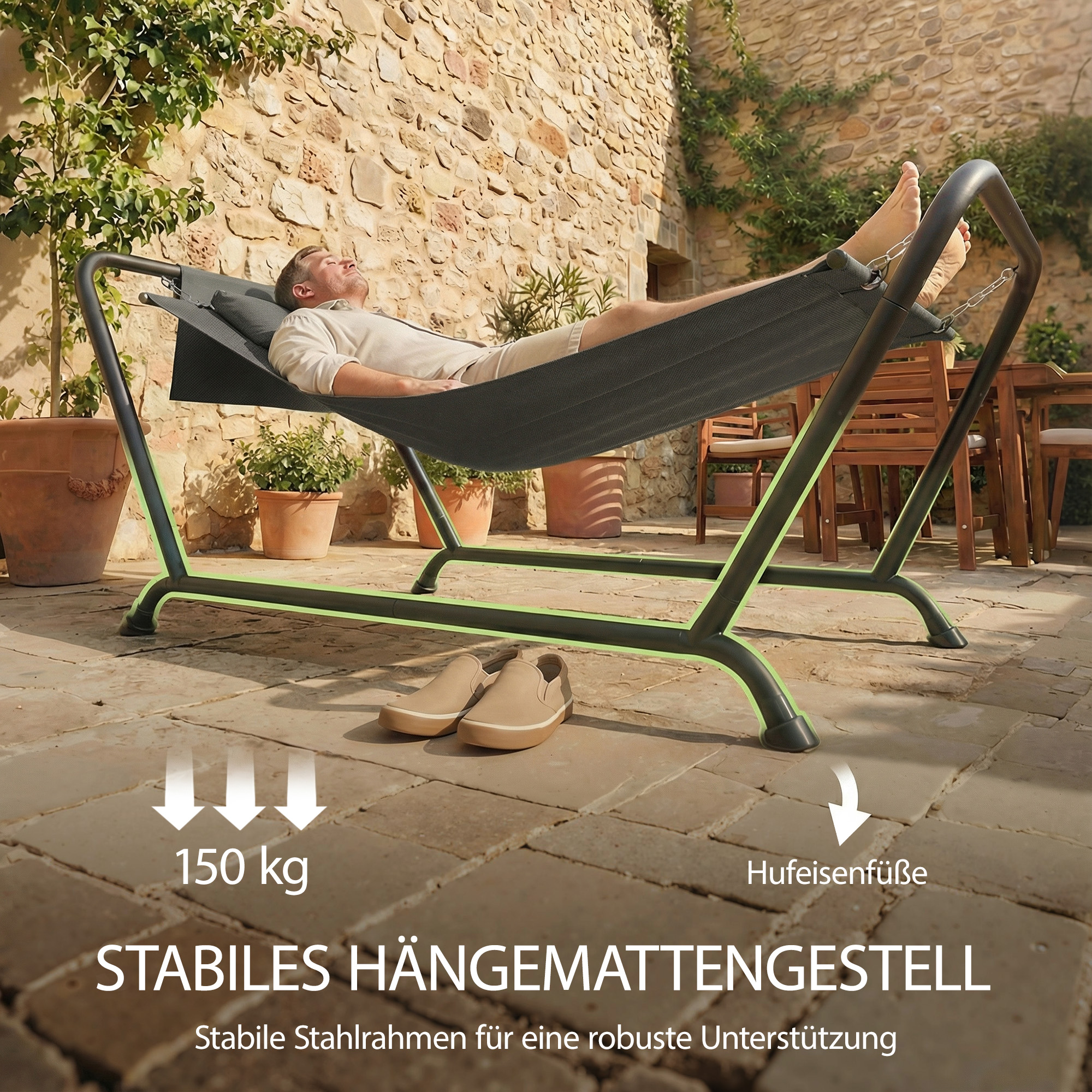 Hängematte mit Gestell 237 x 90 cm Stabhängematte mit Seitentasche, Kopfstütze Metallrahmen bis 150 kg