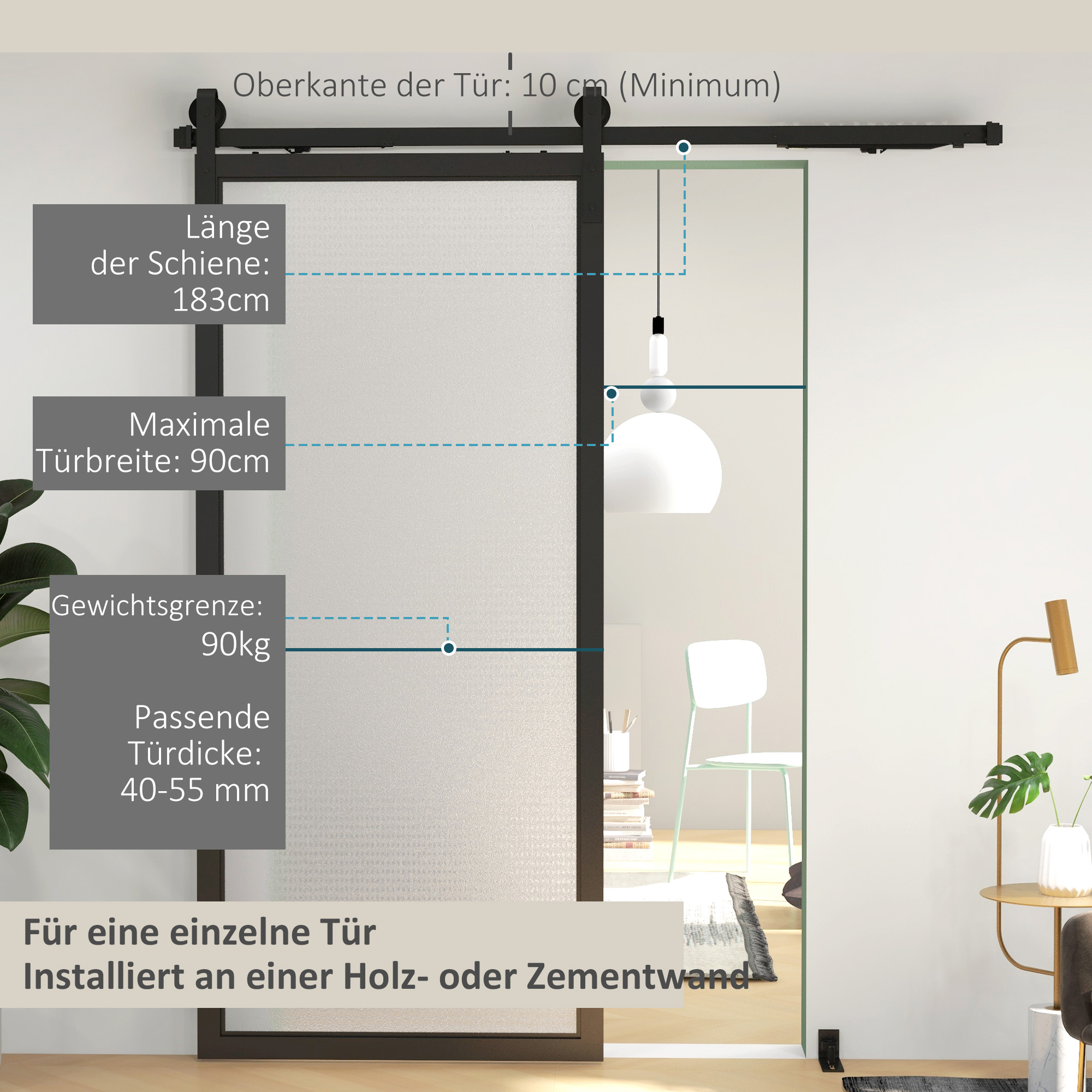 Schiebetür-Bausatz, leise & leichtgängig, für Holz- & Zementwände, 183cm, Stahl, Schwarz