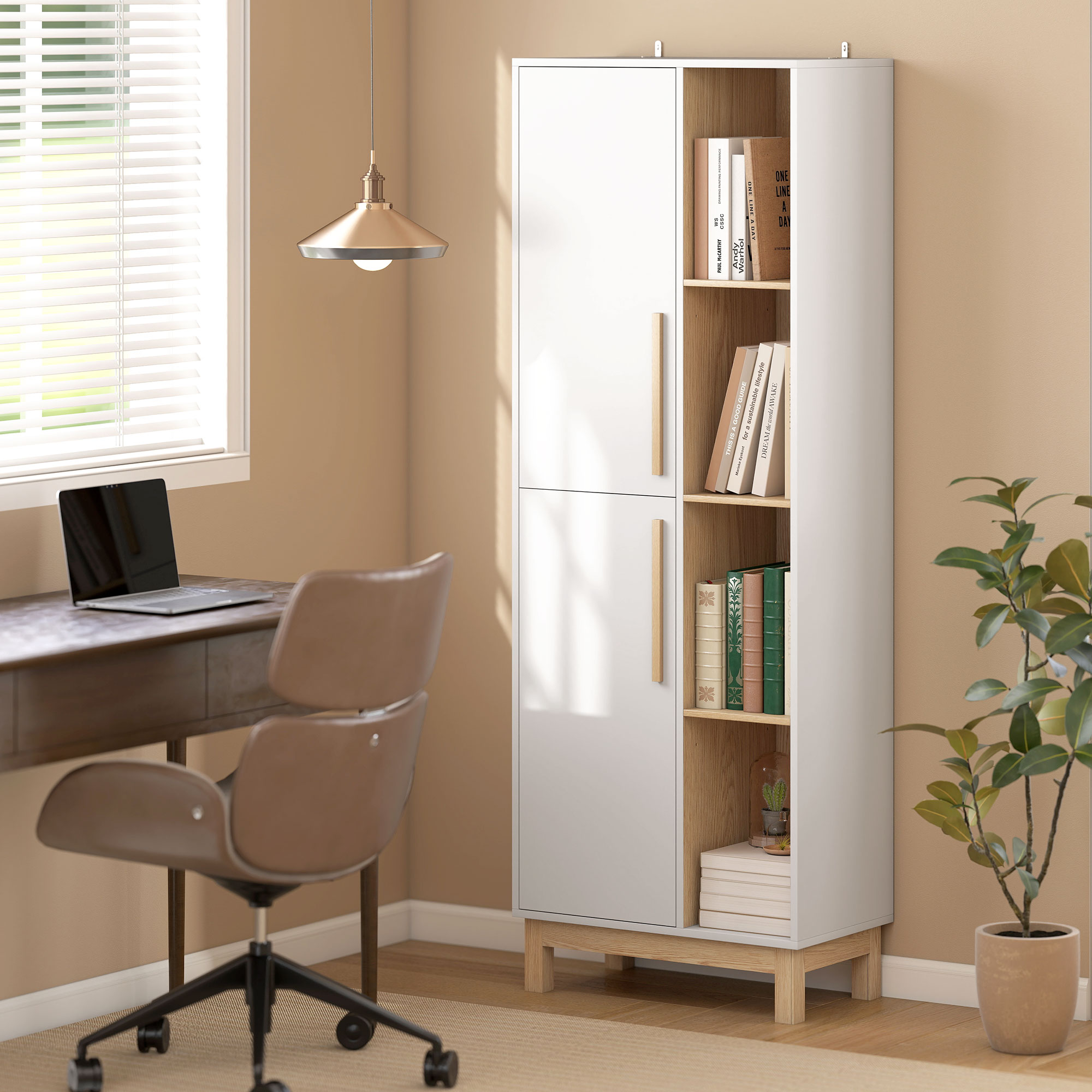 176 cm großes Bücherregal, 4 offene Regale, 2 Schränke, freistehender Bücherschrank, MDF, Weiß