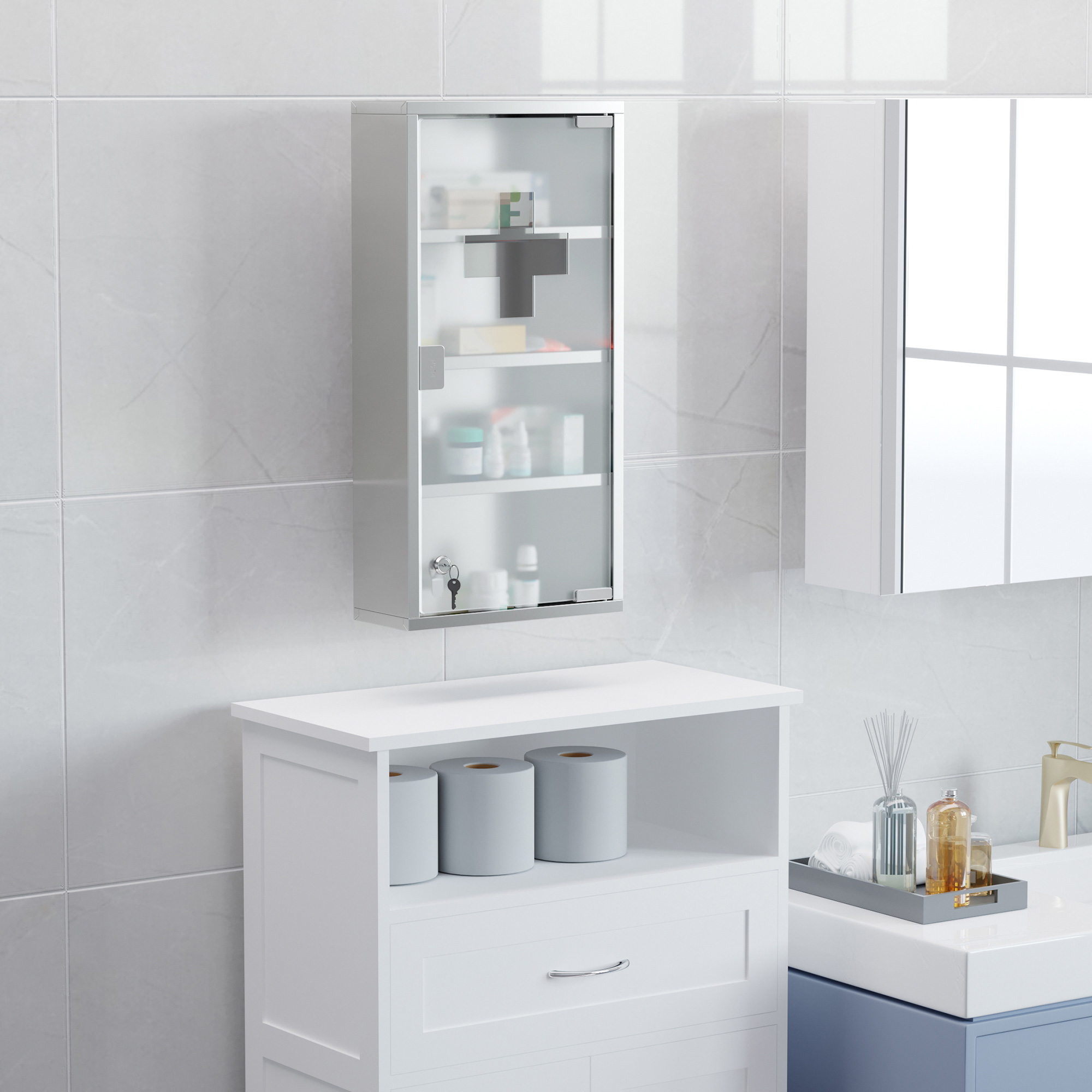 Medizinschrank Arzneischrank aus Edelstahl, Abschließbar Medikamentenschrank mit 4 Fächern, Glastür Apothekerschrank zur Medikamenten-Aufbewahrung, 30 x 12 x 60 cm