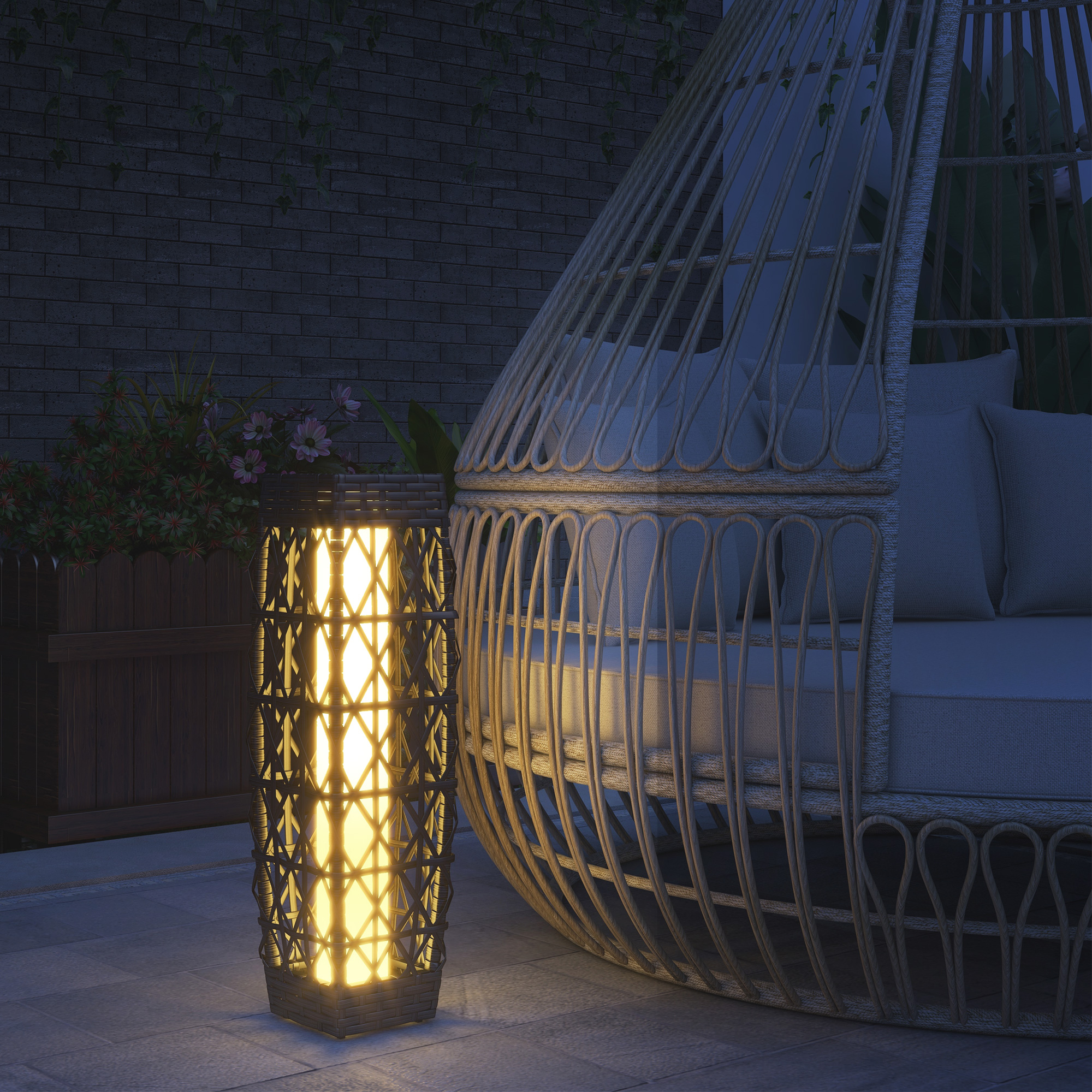 Rattan Außenleuchte, Solar Gartenlampe, Einschaltautomatik, LED, wetterfest, Metallrahmen, 20 x 20 x 68cm, Grau