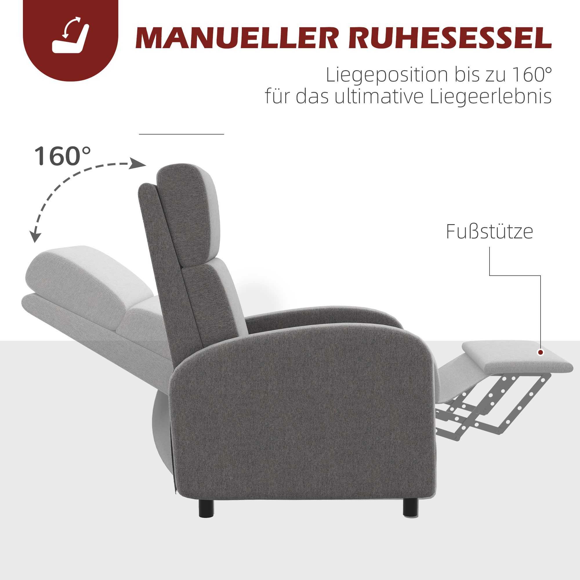 Relaxsessel Fernsehsessel, ausklappbare Fußstütze, neigbar bis zu 160°, 64 x 86 x 102 cm, Grau