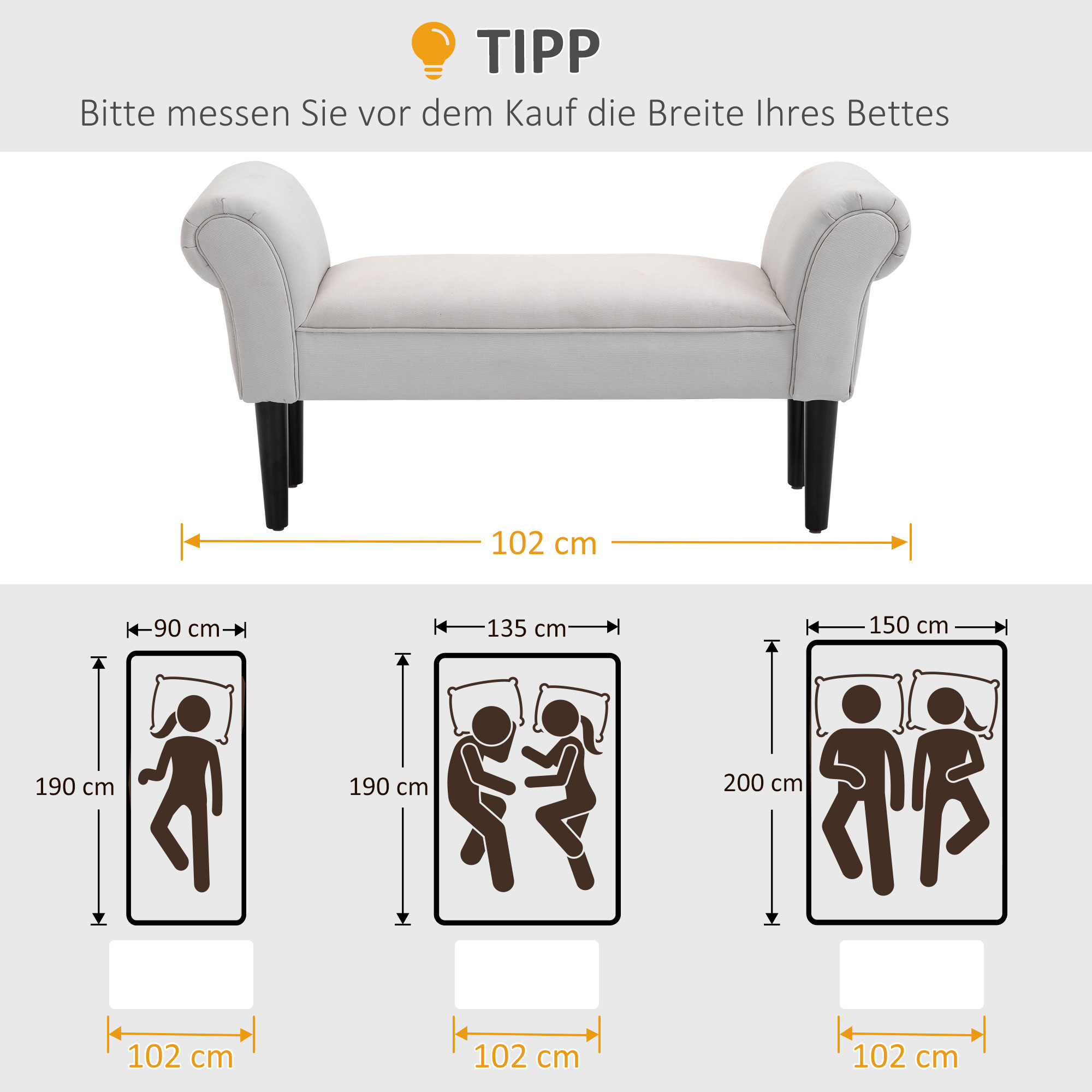Bettbank, Polsterbank, Sitzbank, Flurbank für Schlafzimmer, bis 130 kg Belastbar, Segelstoff, Grau, 102 x 36 x 51 cm