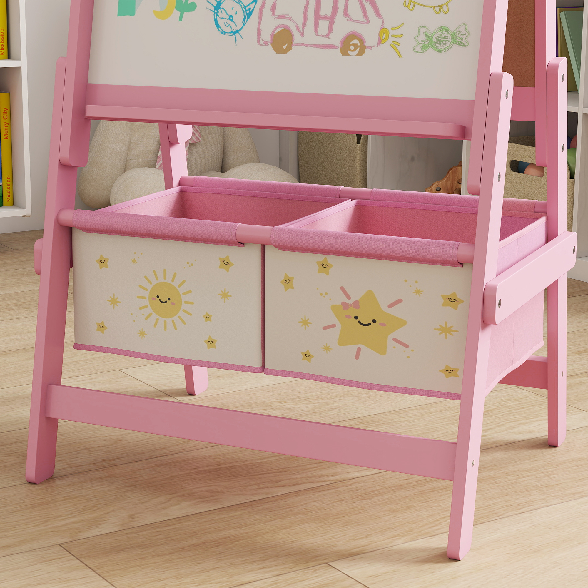 Kinder Staffelei 3 in 1 Kindertafel mit Kreidetafel, Whiteboard, Papierrolle, 2 Aufbewahrungsboxen, für 3-8 Jahre Rosa