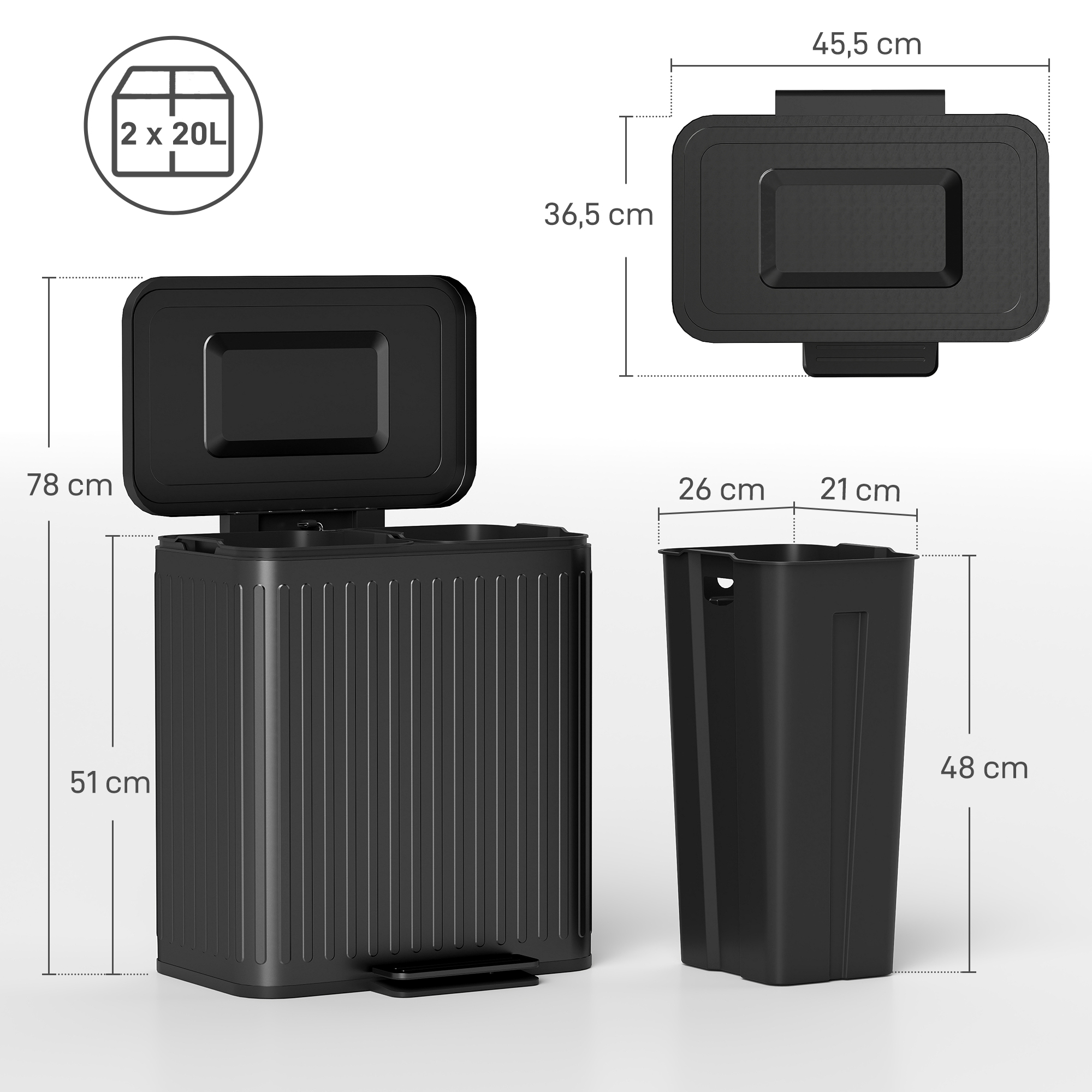 Küchenmülleimer, 2x 20l-Fächer, effiziente Mülltrennung, Fußpedal, Kunststoff, Metall, Schwarz