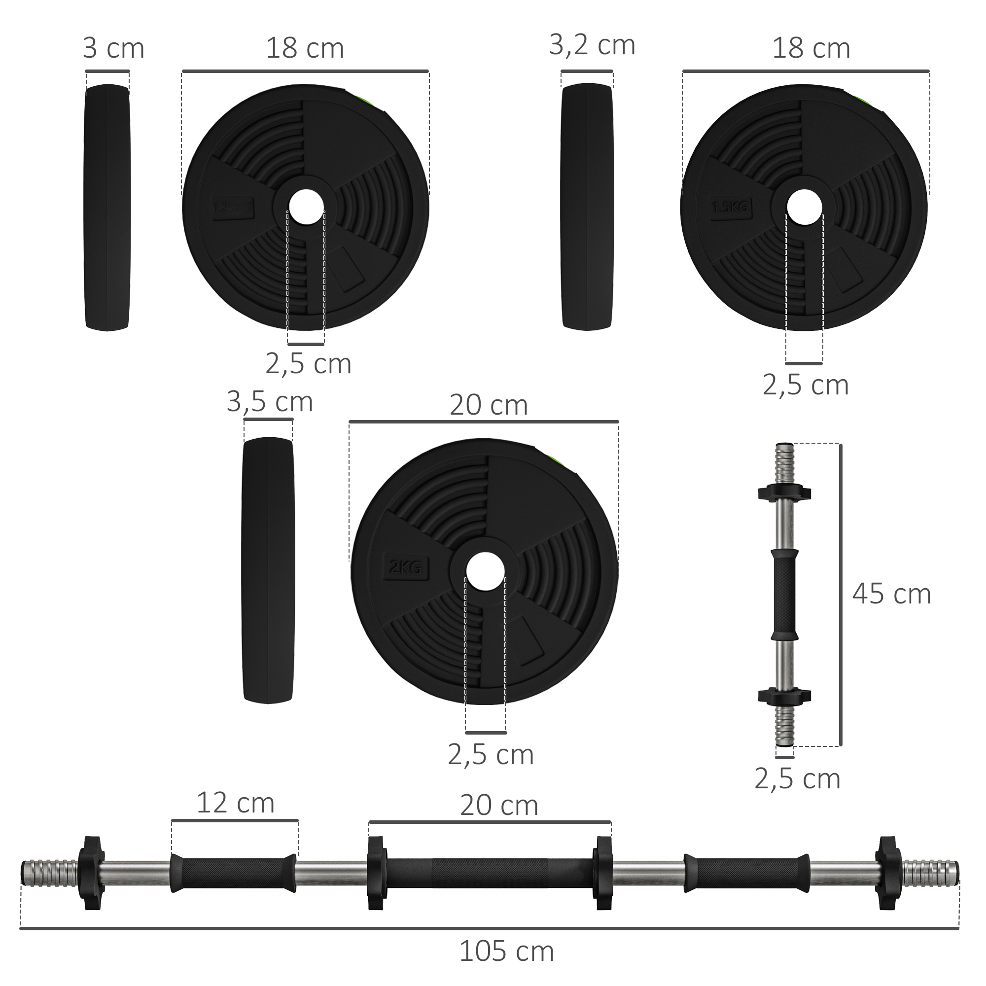 2-in-1 Hantel-Set, Lang- & Kurzhantel, 20 kg, rutschfest, bodenschonend, Schwarz/Grün