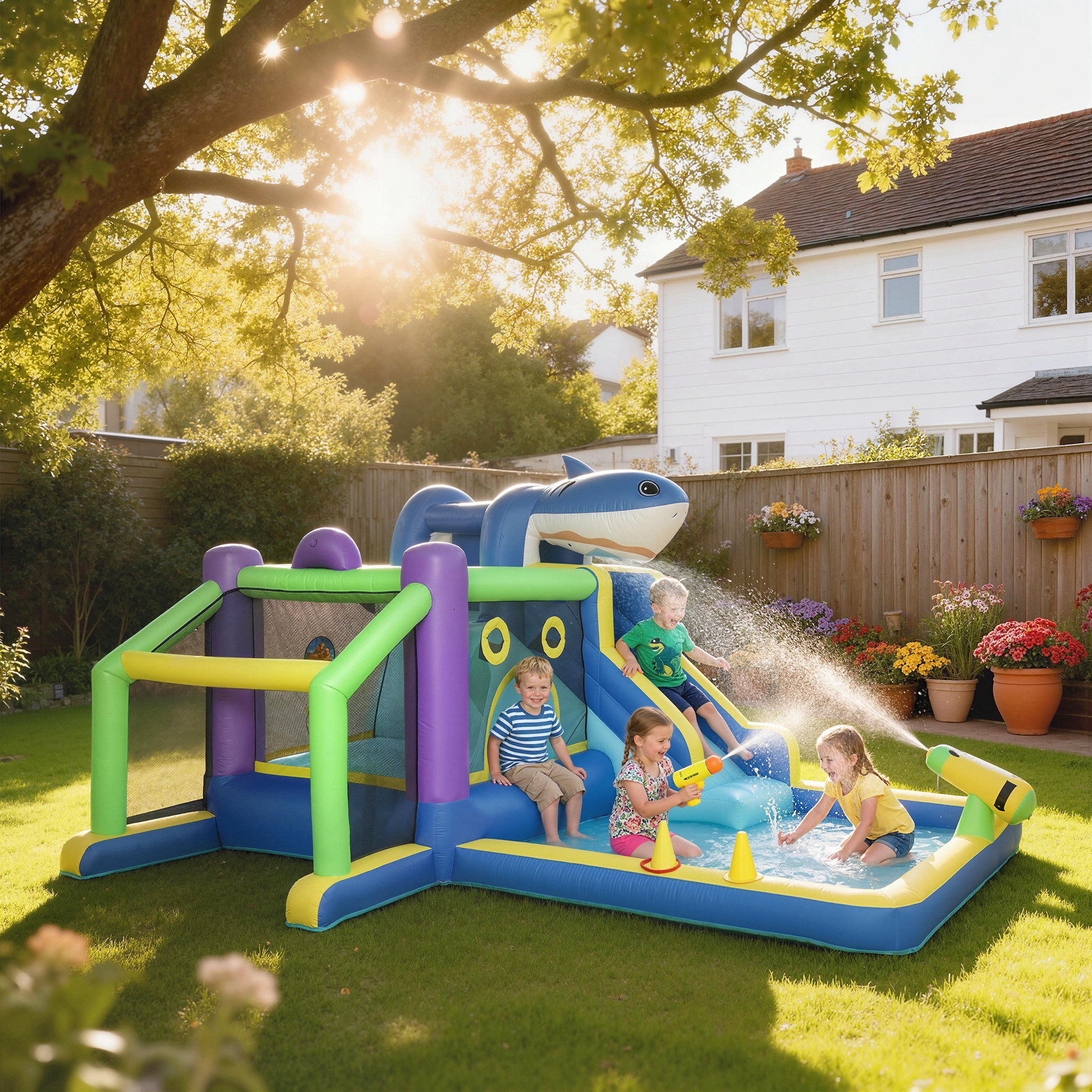 8-in-1 Hüpfburg mit Hai-Design Gebläse, Rutsche, Planschbecken Trampolin für 3-8 Jahre 405x345x235cm, mehrfarbig