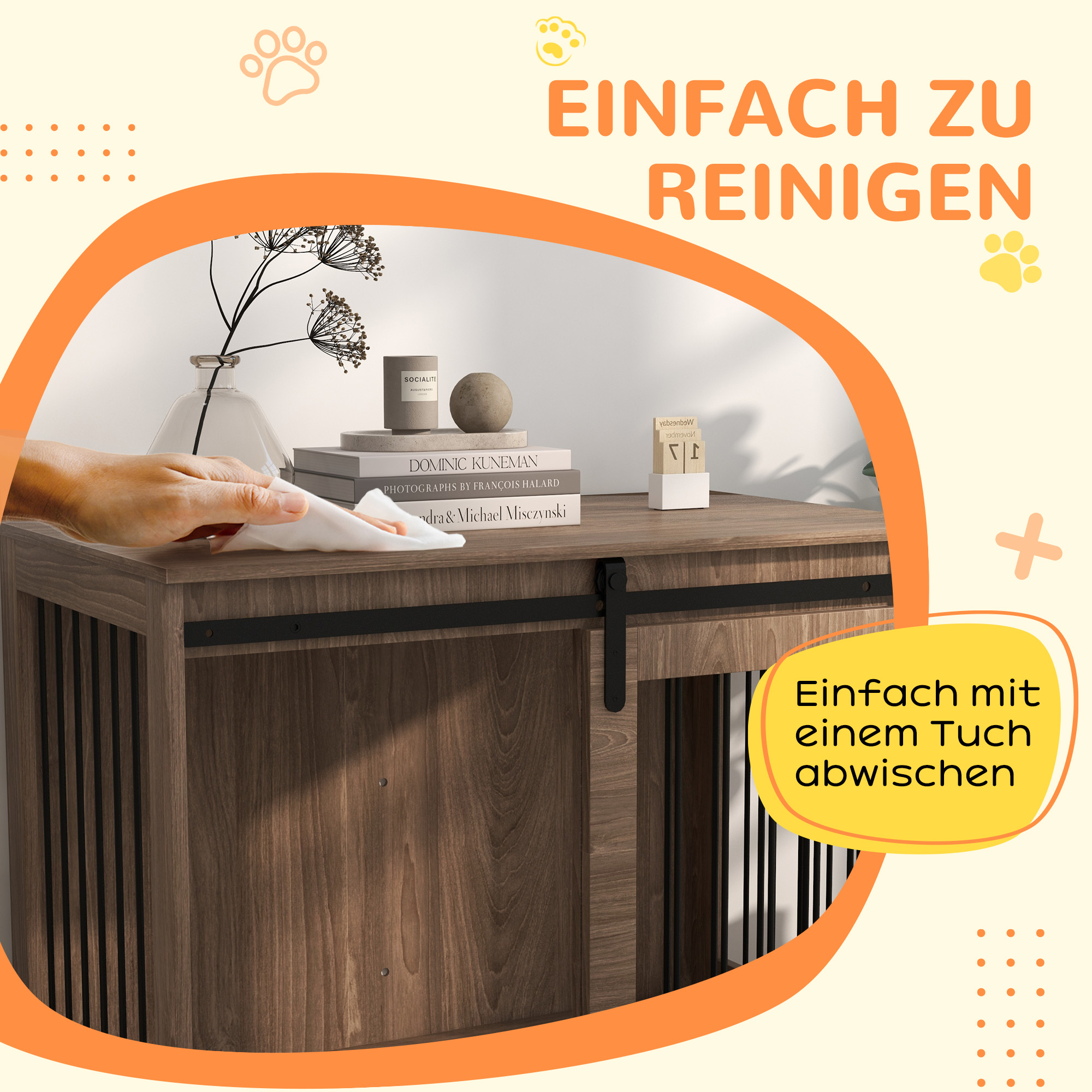 Hundebox Hundekäfig, Verriegelbar, Holzoptik, rustikales Design, 98 cm x 58 cm x 61 cm, Walnuss + Schwarz