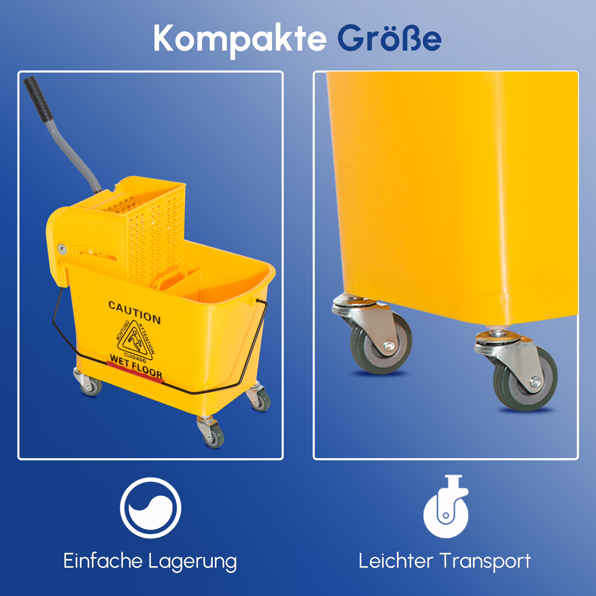 20l Mopp-Eimer mit Auswringer und Griff, Wischmopp-Eimer auf Rädern, Kunststoff, Gelb