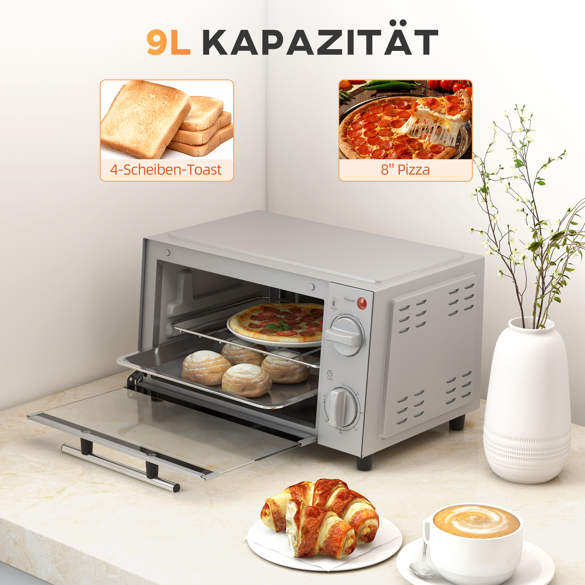 Minibackofen, 9 L Mini-Ofen mit Backblech, Grillrost, mit einstellbarer Temperatur und Garzeit, Edelstahl, Silber