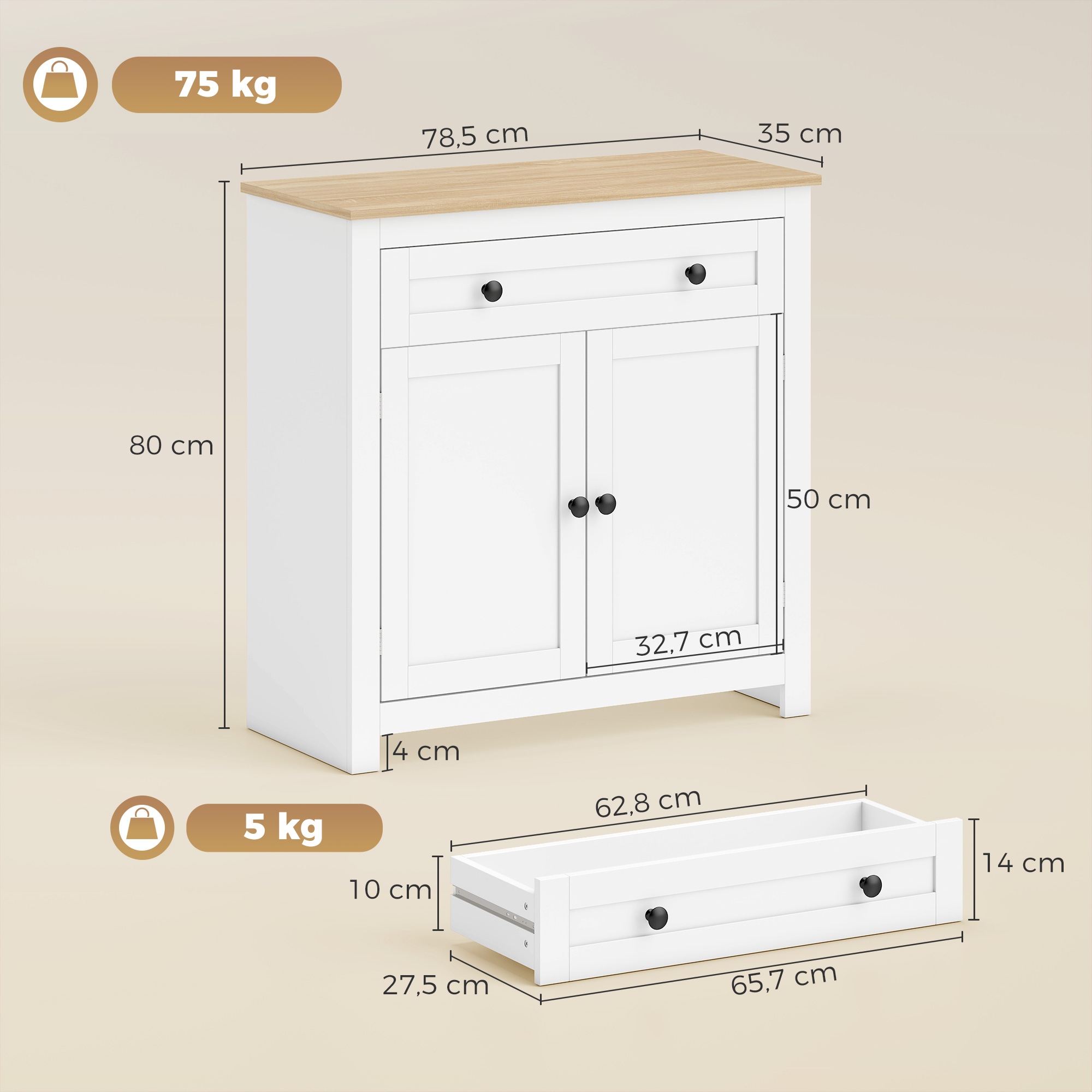 Sideboard Küchenschrank mit Schublade, Doppeltür, Verstellbarer Einlegeboden, für Wohnzimmer, 78,5 x 35 x 80 cm Weiß