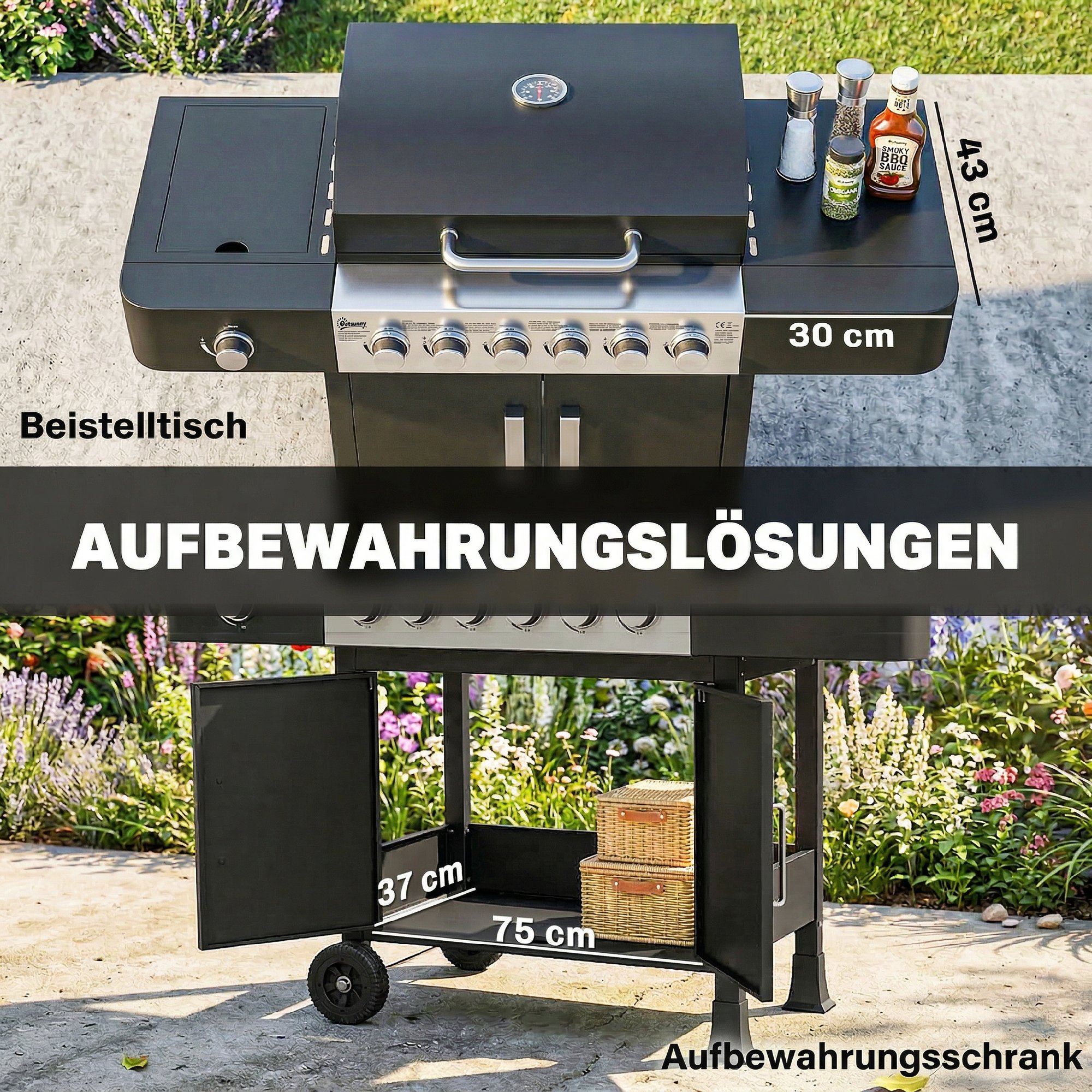Gasgrill 17,8 KW 6+1 Brenner BBQ Grillwagen aus Edelstahl inkl Rolle Seitenbrenner Thermometer Emaille-Grillrost