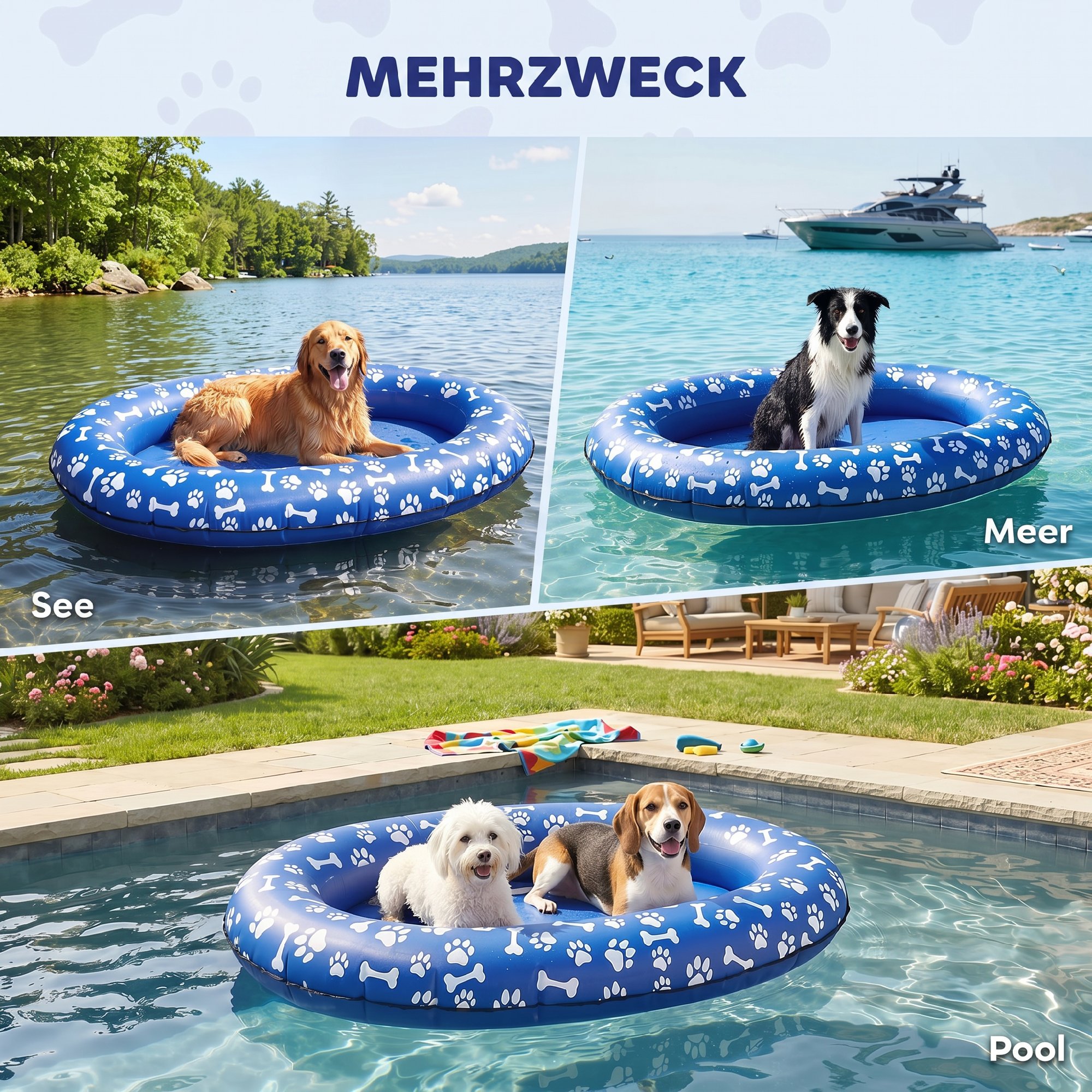 Aufblasbares Schlauchboot Hunde Faltbare Schwimmende Wassermatte Hund mit Griff für Hunde bis 40kg 155x104x25cm Blau