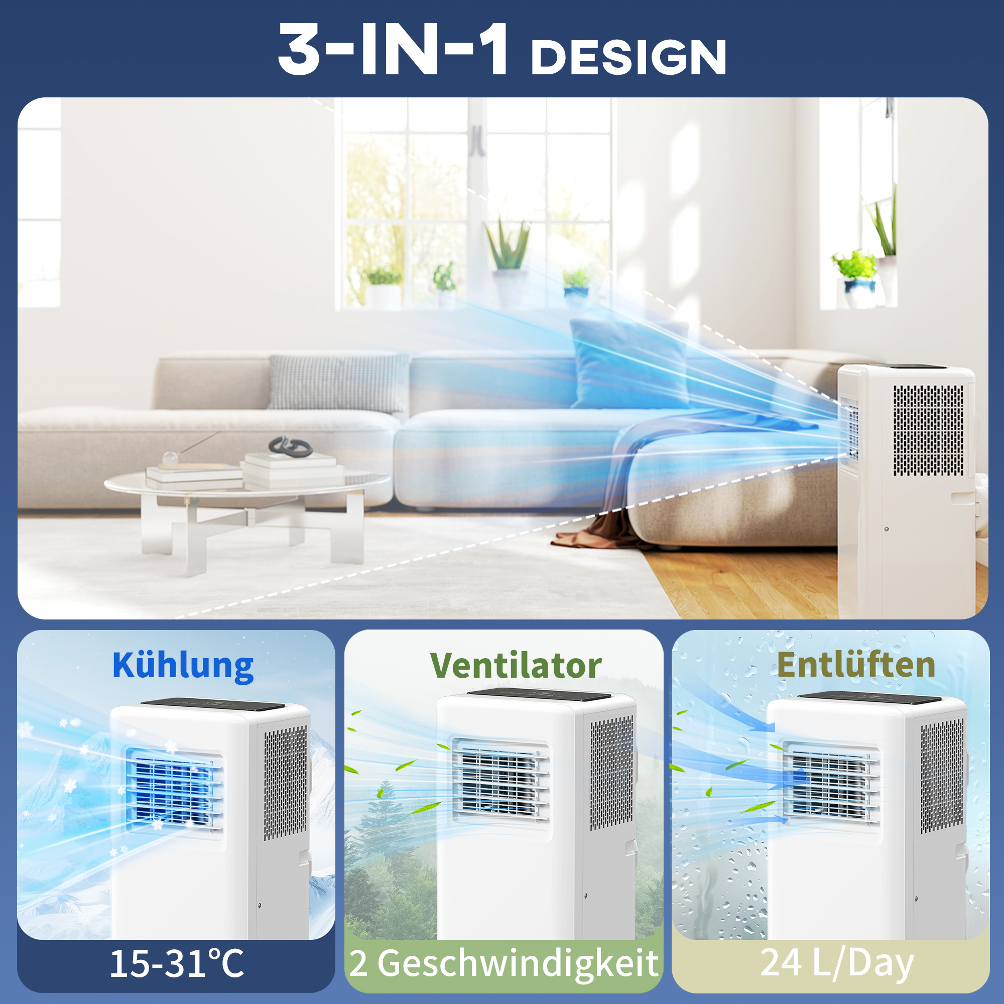 Mobile Klimaanlage, verschiedene Einstellungen, LED-Display, Timer, Räder, Weiß