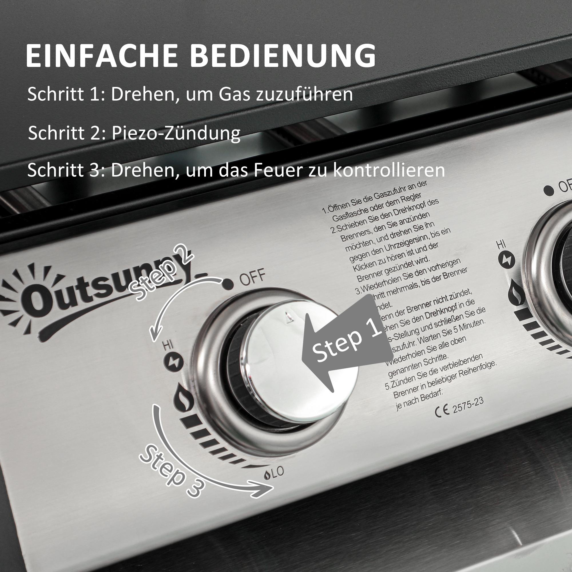 Gasgrill mit Deckel, 3 Brennern, Fettauffangschale, antihaft-Platte, 63x47x25 cm, Schwarz/Silber