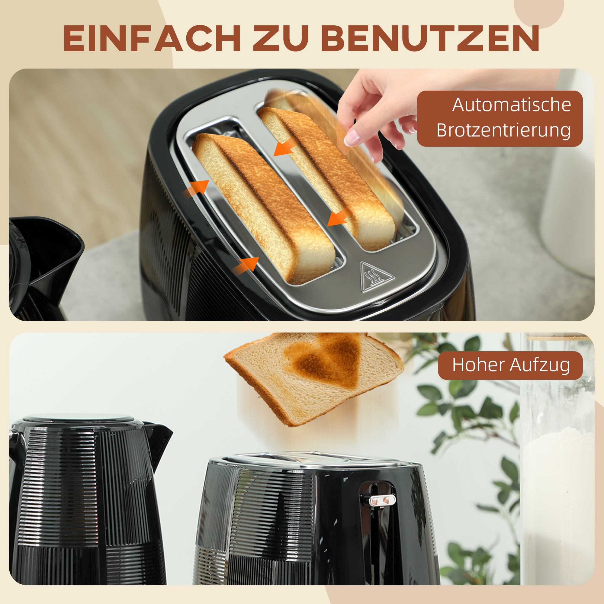 Wasserkocher- und Toaster-Set, 1,7 L, verschiedene Funktionen, Edelstahl, Schwarz