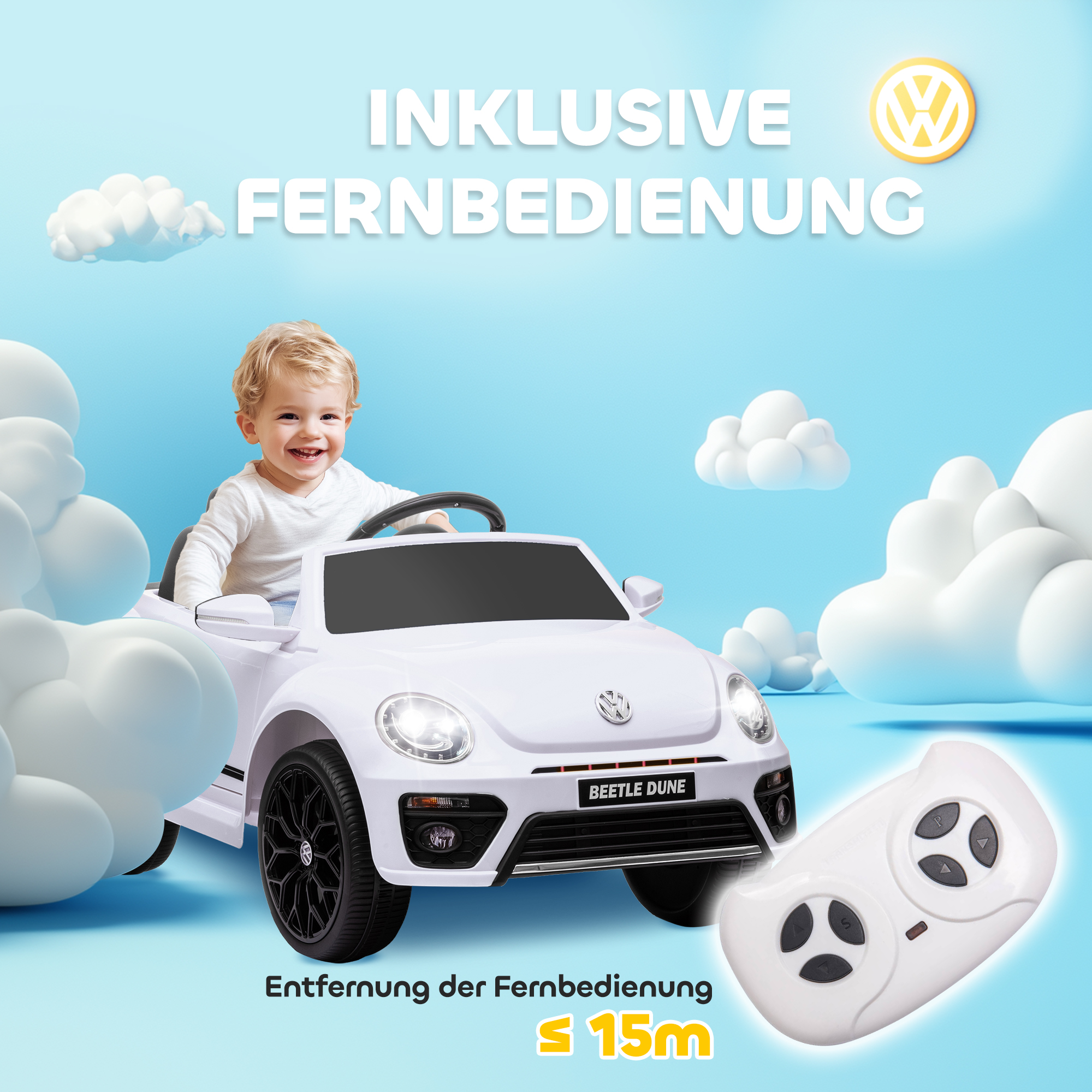 Elektro-Kinderfahrzeug, VW Käfer, 3-5 km/h, mit Fernbedienung & Musik, Weiß