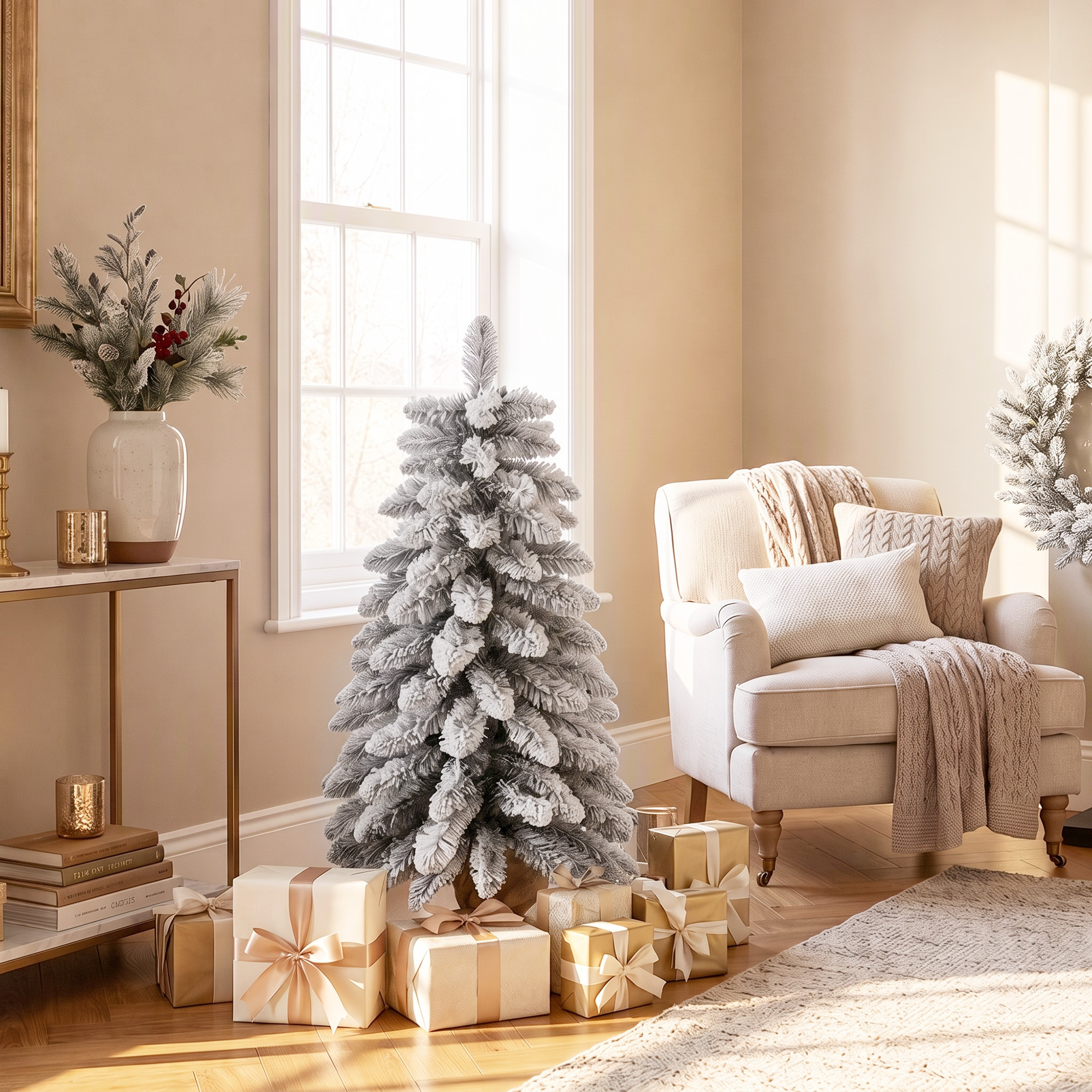 künstlicher Weihnachtsbaum, 90 cm (3 ft), schlanker Pencil-Baum mit 107 Zweigspitzen, Jutebasis, Weiß