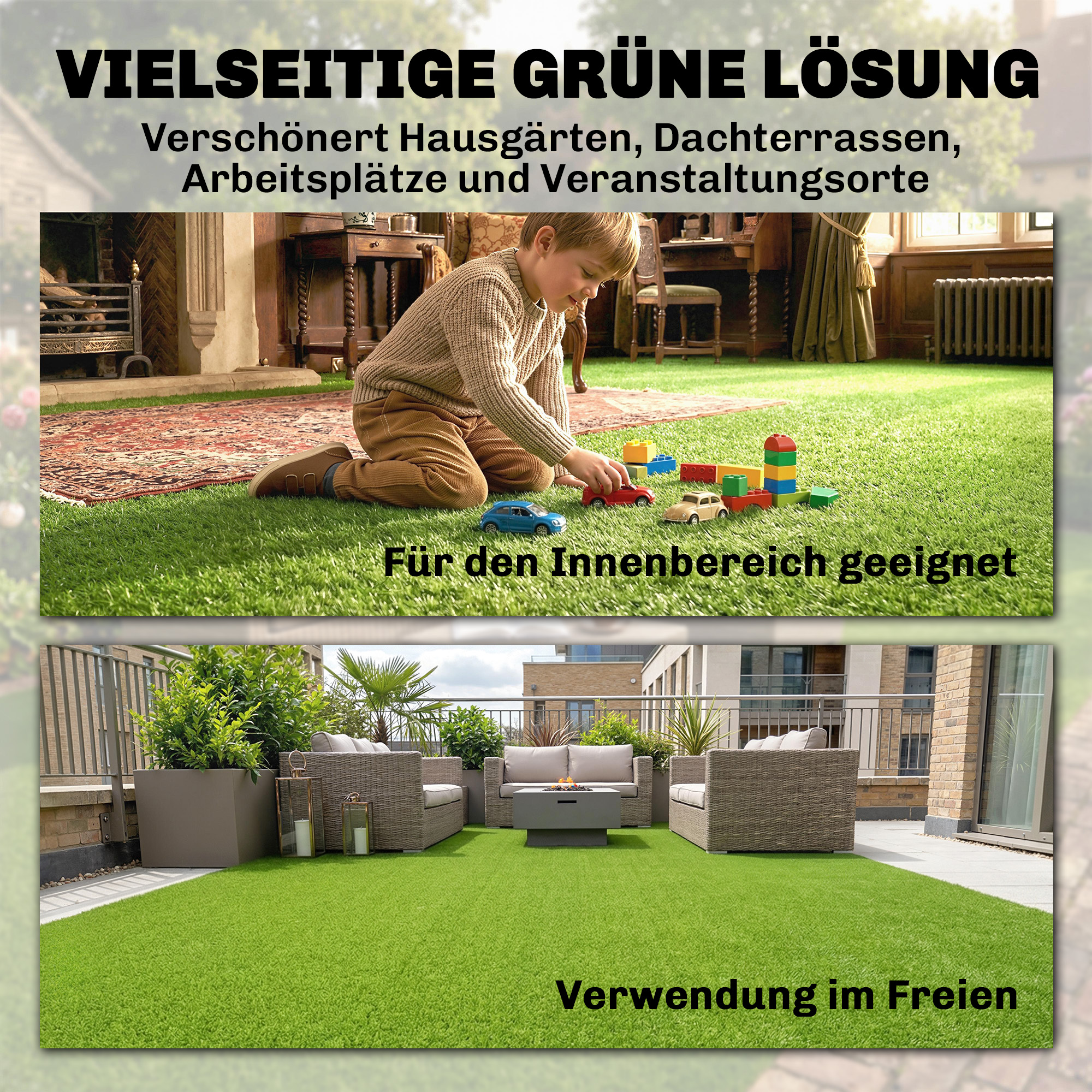 Kunstrasen 100x400cm selbstentwässernd Outdoor Teppich mit 10mm Höhe Grün