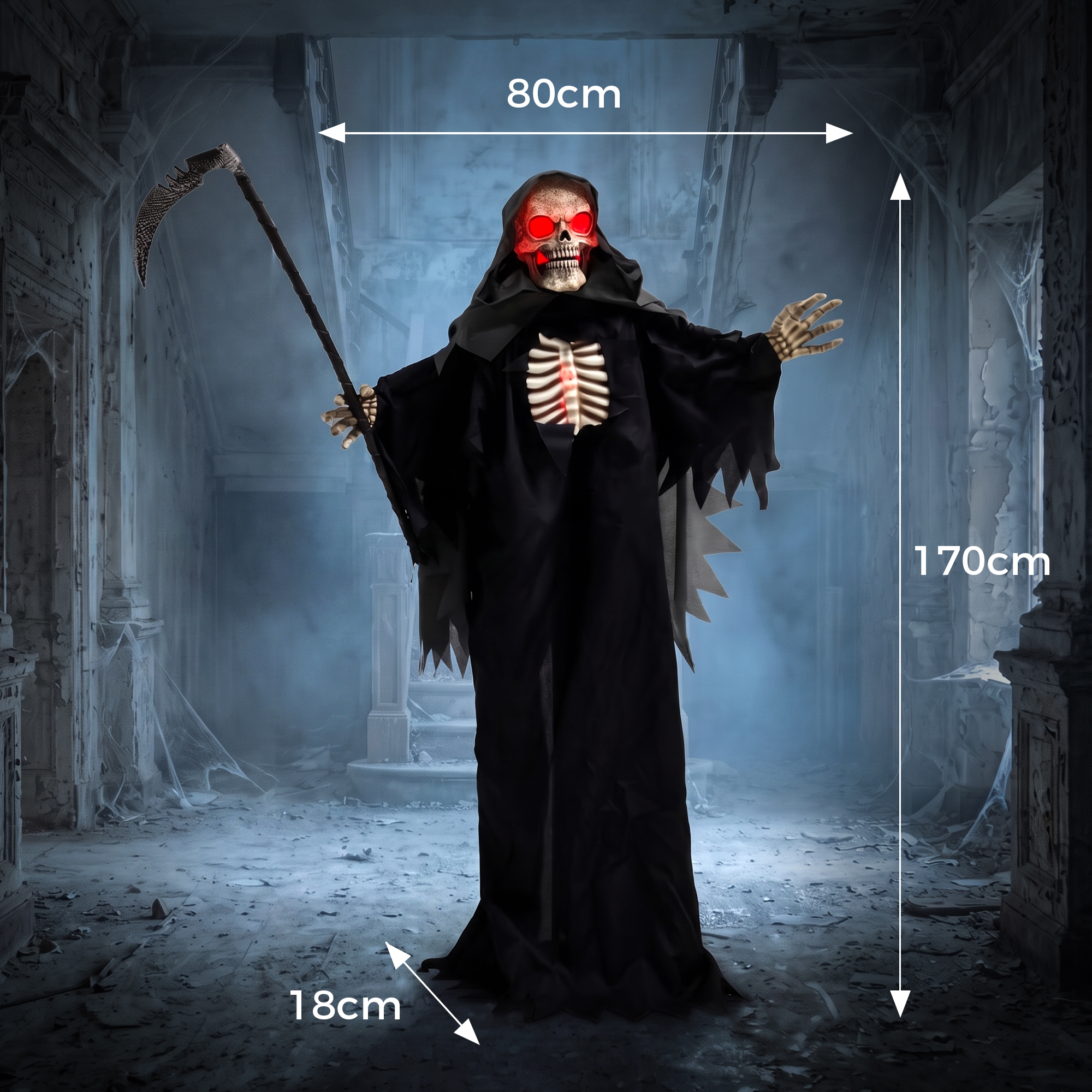 170 cm Halloween Animierte Sensenmann Deko mit Sound- und Berührungsaktivierung, leuchtenden Augen und Brustkorb