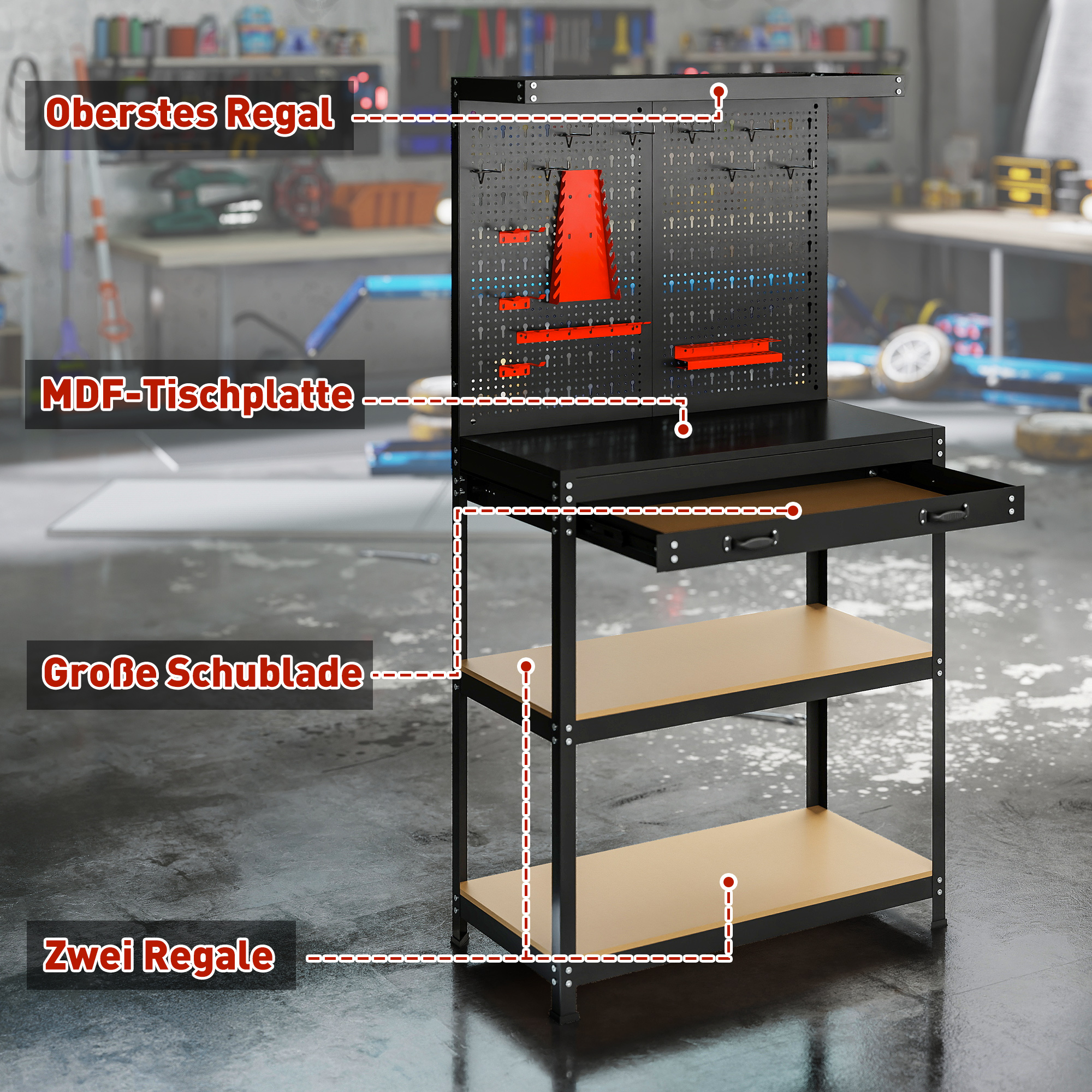 Werkbank 80 x 40,5 x 155 cm Werkzeugbank mit Lochwand, Haken,  Schublade, 2 Ablagen für Werkstatt Schwarz