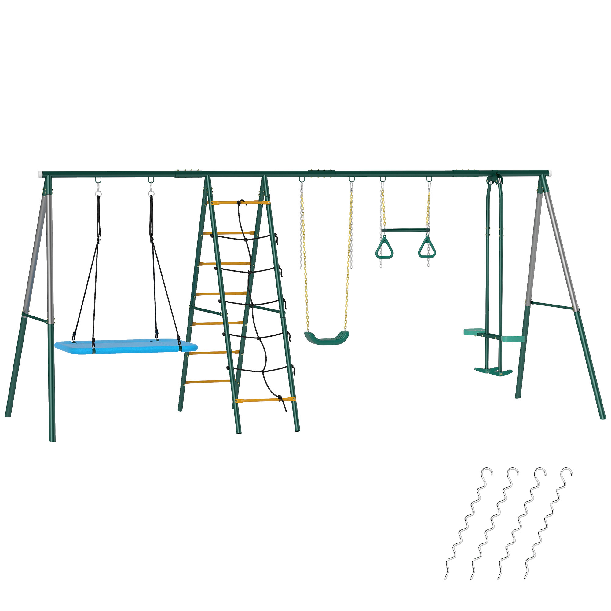 5-in-1 Schaukelgestell mit verstellbarer Nestschaukel Turnringe Doppelsitzer Klettergerüst für 3-8 Jahre 440x175x203 cm