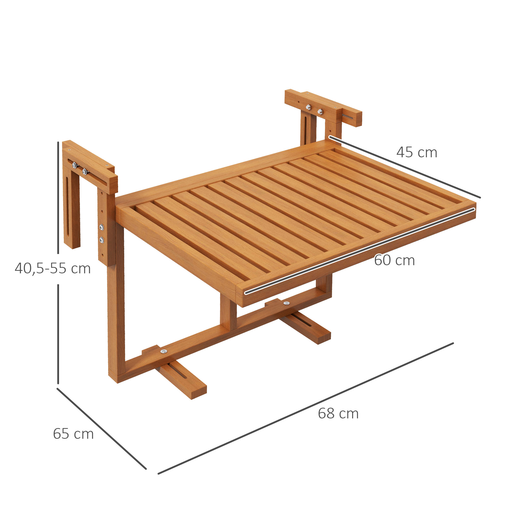 Balkontisch Klapttisch Gartentisch Outdoor-Klapptisch, wetterbeständig, höhenverstellbar, 68 cm x 65 cm x 55 cm, Teak