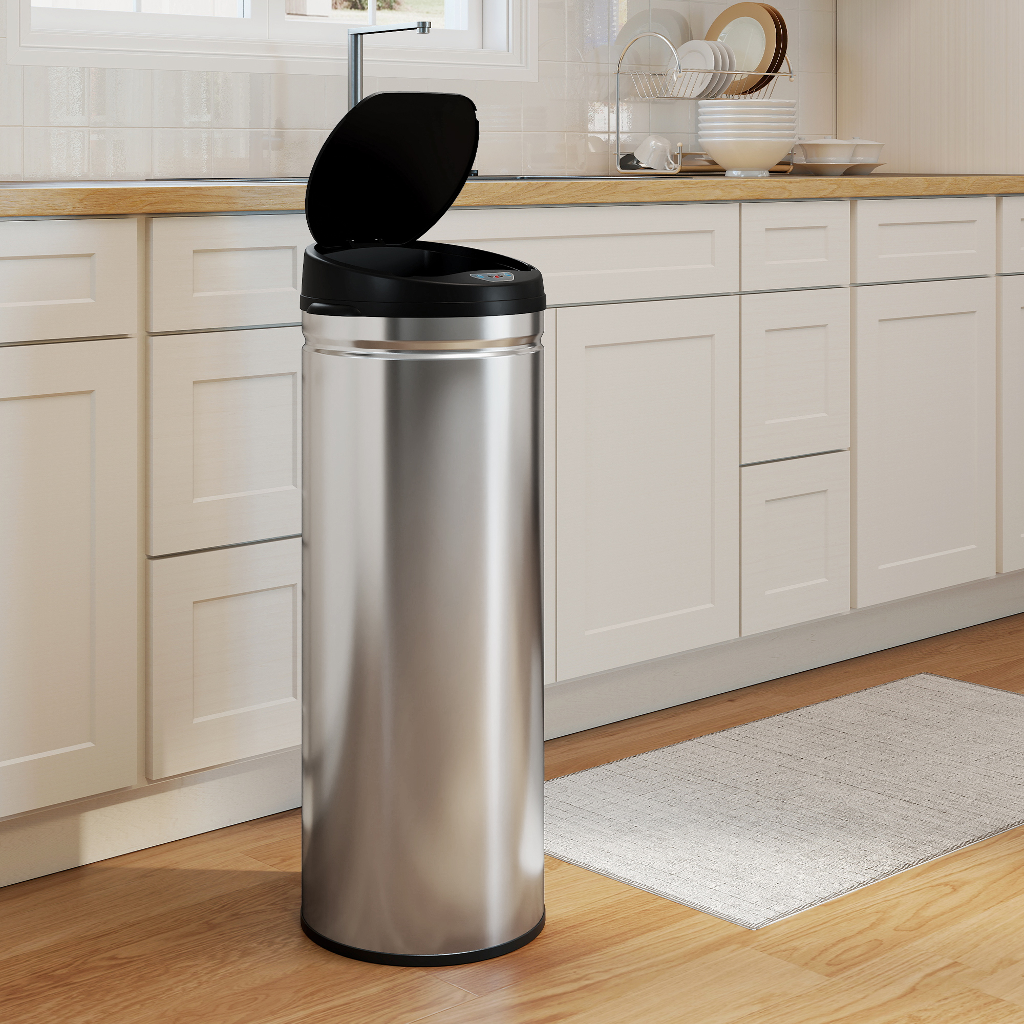 50 Liter Sensor-Mülleimer mit Soft-Close-Funktion, berührungsfreier Abfalleimer aus Edelstahl für hygienische Küchen, Büros, Silberfarben