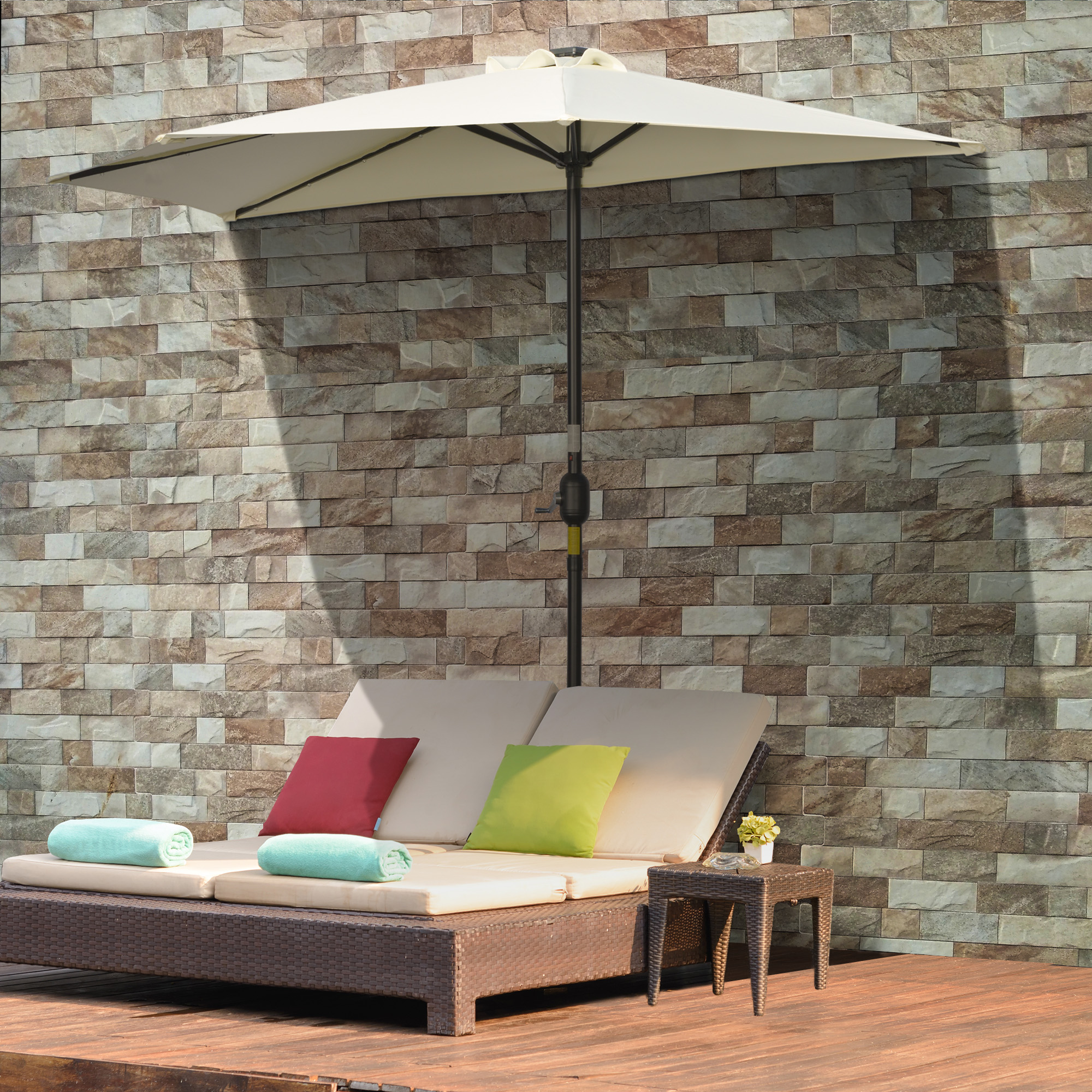 Sonnenschirm, Terrassenschirm, halbrund, mit Solarpaneel, 20 LEDs, Handkurbel, beige, 2,70 x 1,35 x 2,40 m