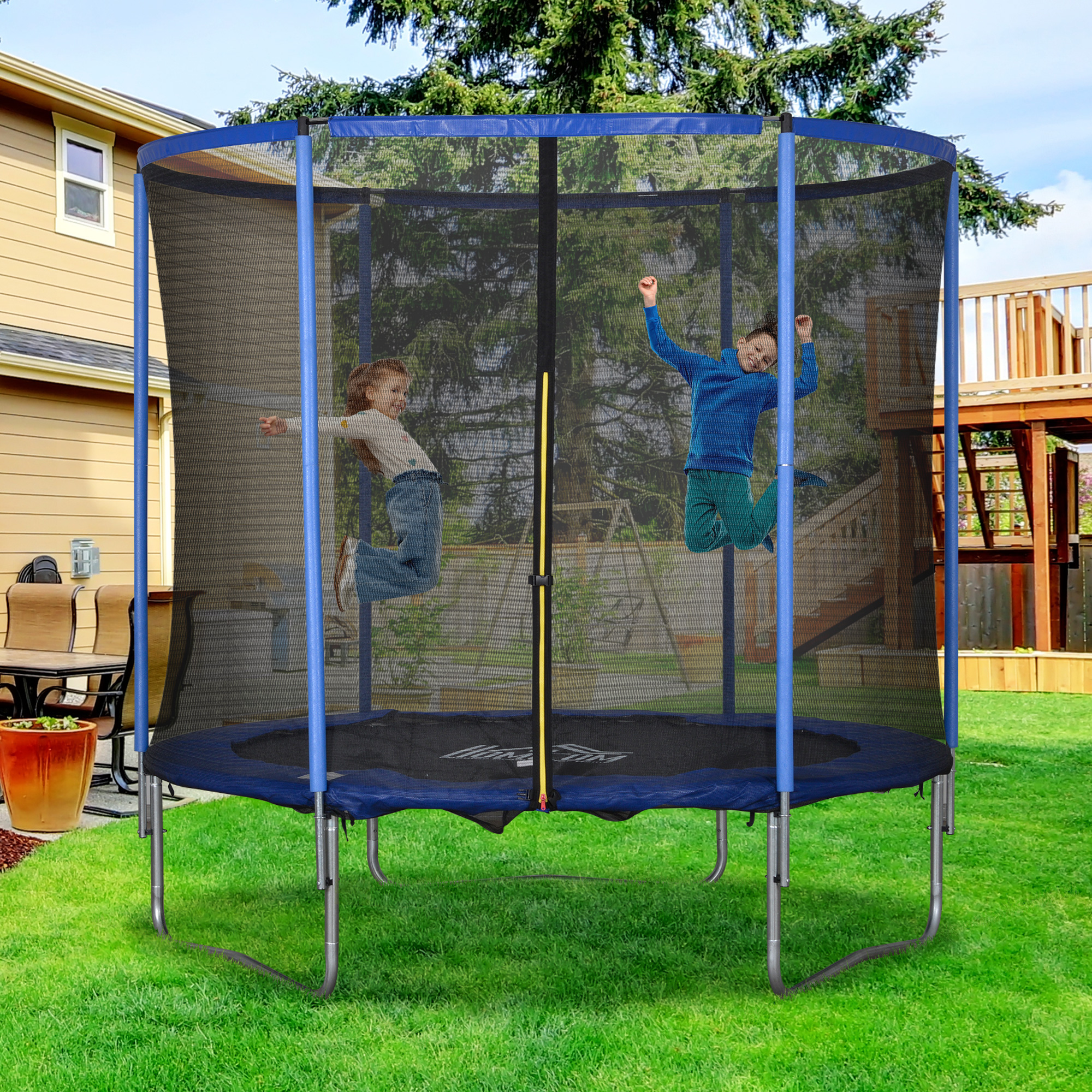 Trampolin mit Sicherheitsnetz Gartentrampolin für Innen- und Außenbereich Fitnesstrampolin für Jugendliche und Erwachsene Stahl Blau+Schwarz bis 113,6 kg Ø244 x 240H cm