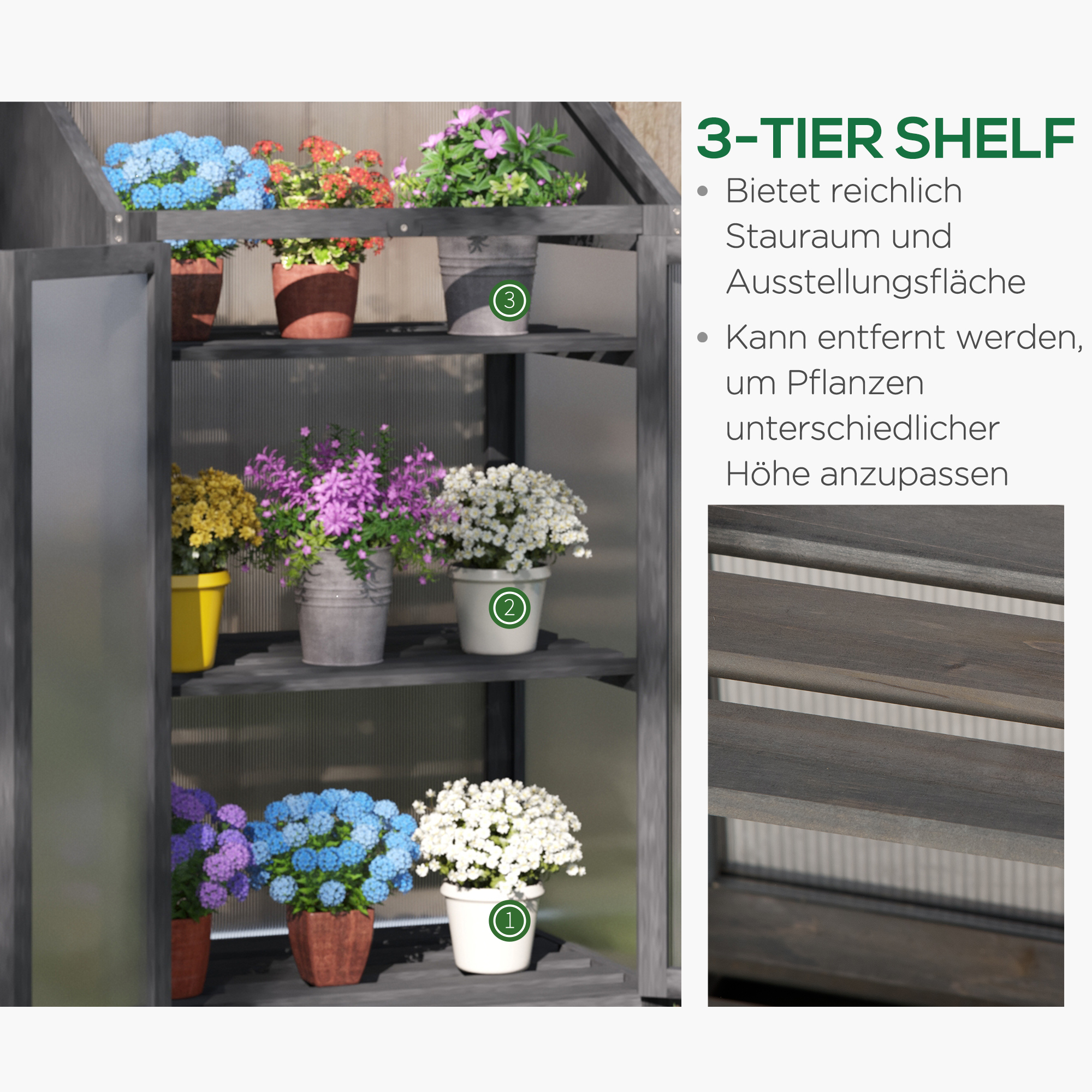 Mini-Gewächshaus, kleines Treibhaus mit Holzrahmen, Fenster und Doppeltür, 3 Regale, 70L x 50B x 120H cm, Grau