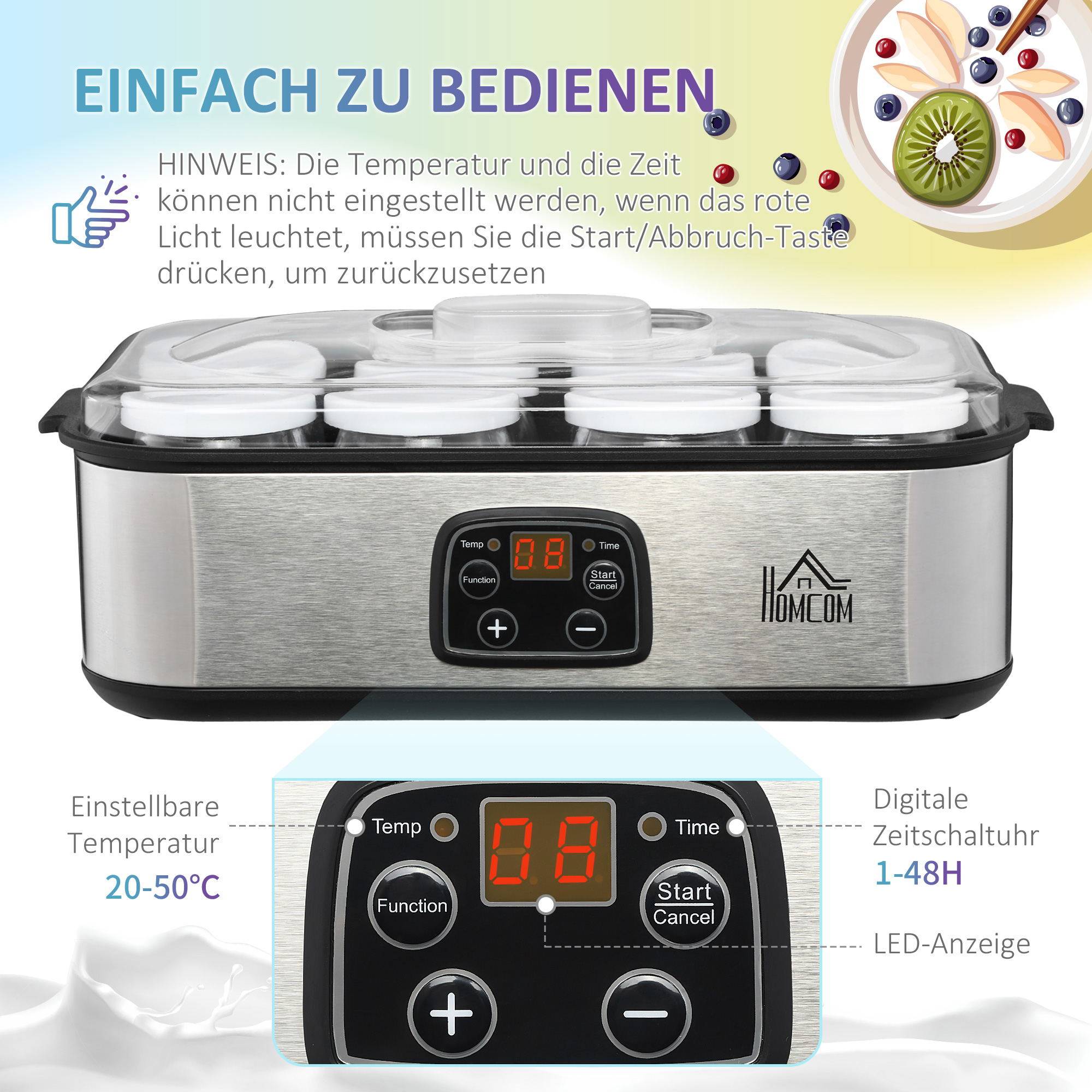 Joghurtbereiter, griechische Joghurtmaschine mit Deckel, 8 BPA-freier Glas-Innenbehälter à 180 ml, Joghurt Maker mit LCD Display Timer, für bis zu 1,4 Liter Joghurt 25 W Silber