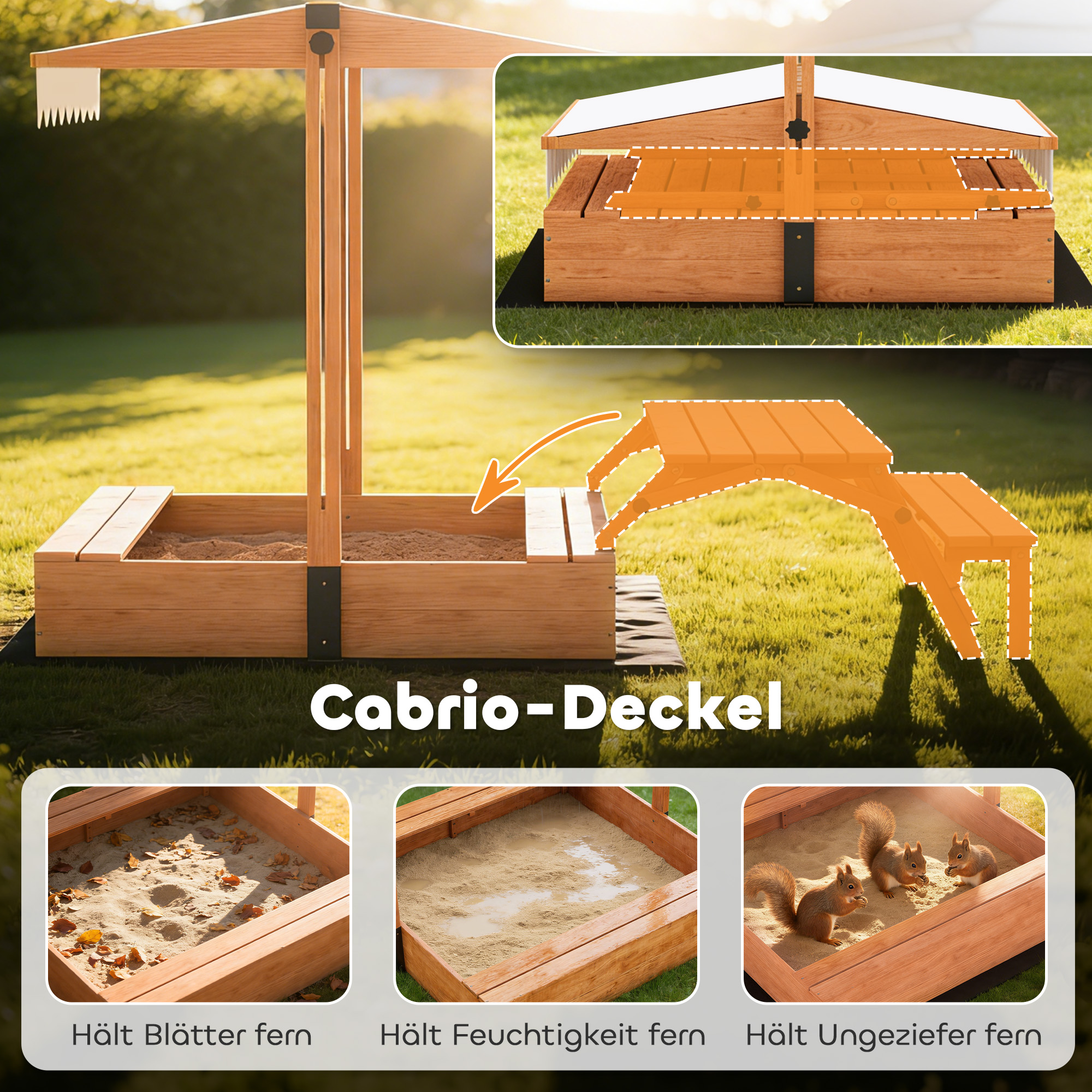 Sandkasten mit Dach Sandkiste aus Holz mit klappbarem Picknicktisch Sitzbänken für 3-8 Jahre 184 x 110 x 120 cm Braun
