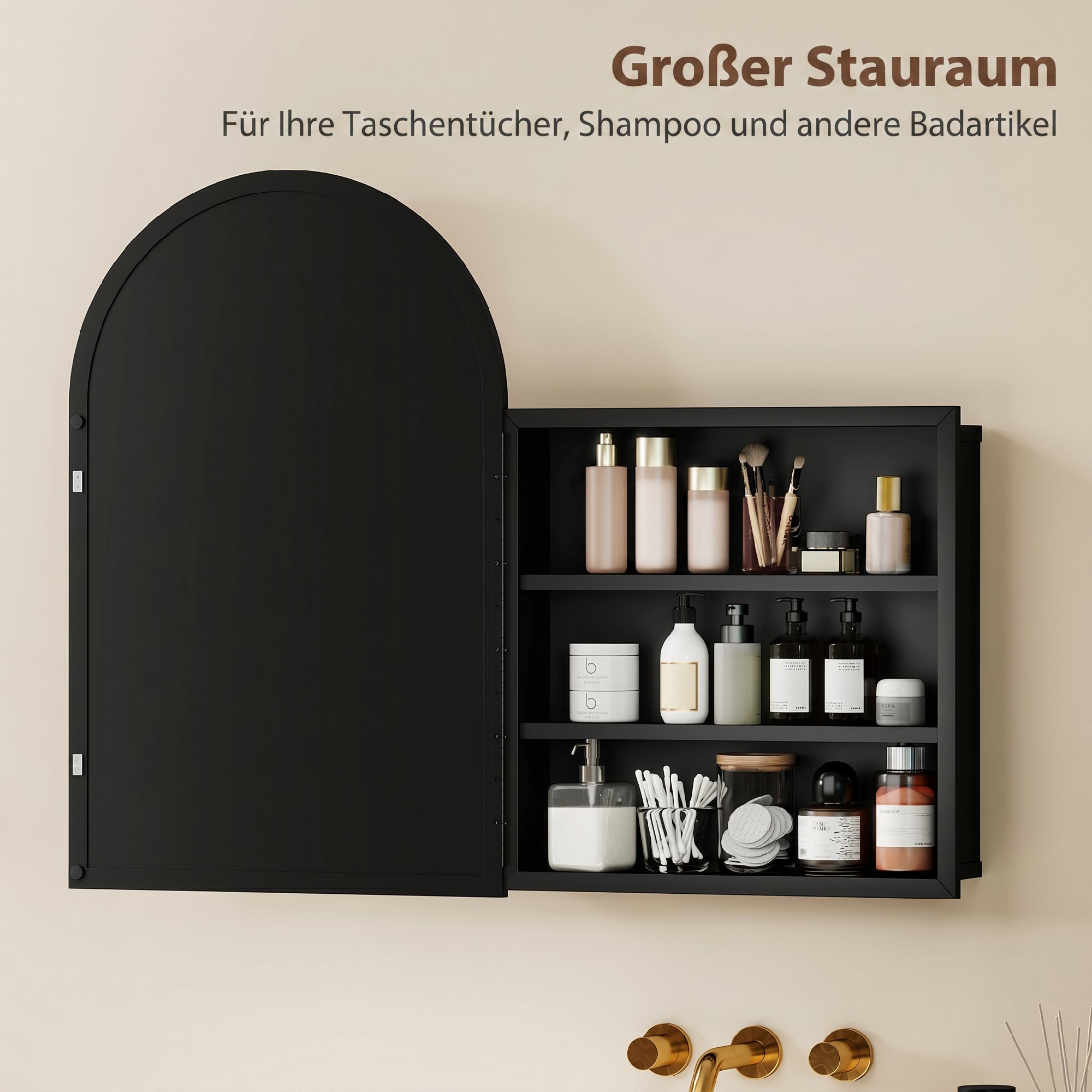 Spiegelschrank Bad Gewölbter Badezimmerschrank mit 180° Tür, 3 Regalen, aus Metall Schwarz 50 x 12 x 76 cm