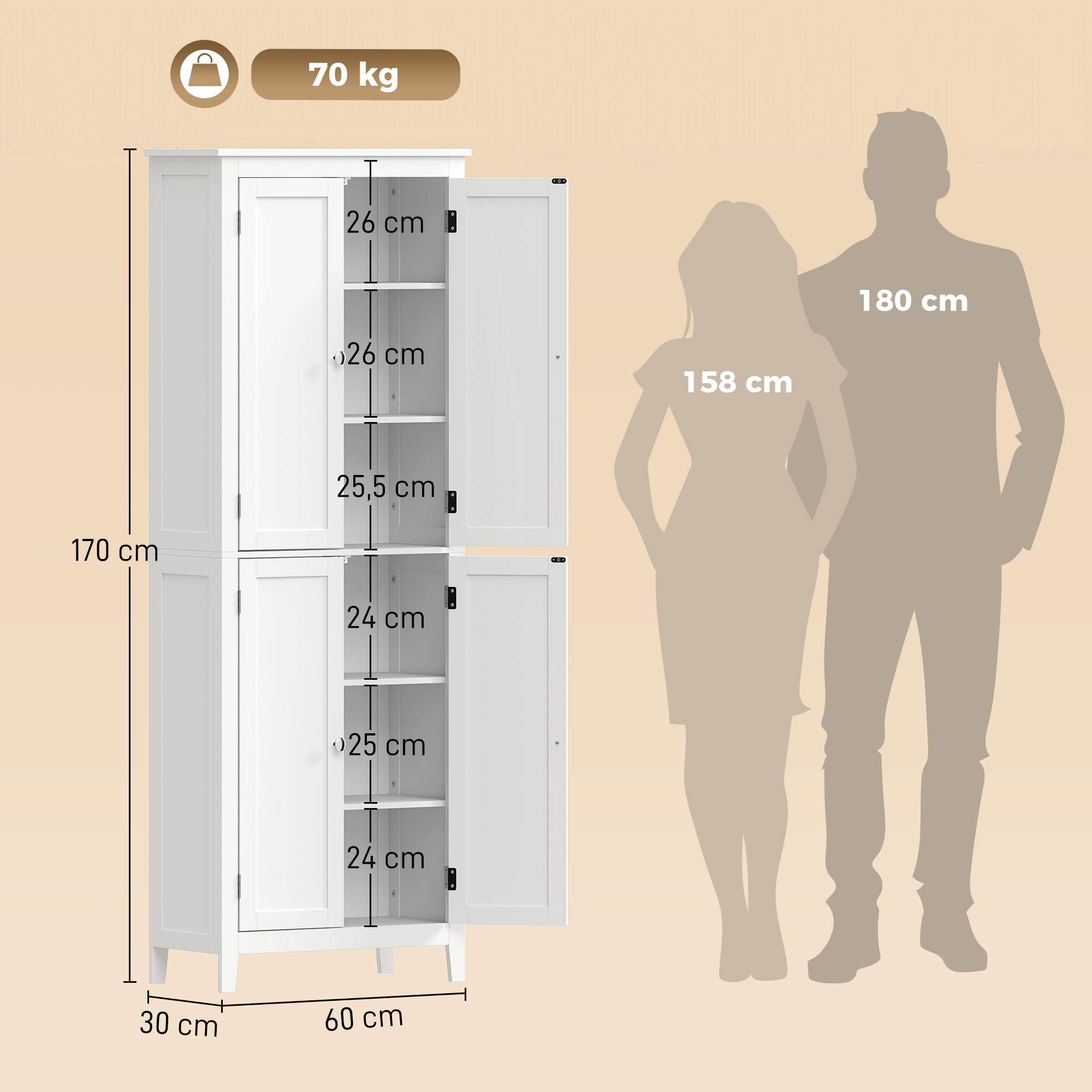 Badezimmerschrank 170 cm hoch, schmaler freistehender Badschrank mit verstellbaren Einlegeböden, für Waschküche