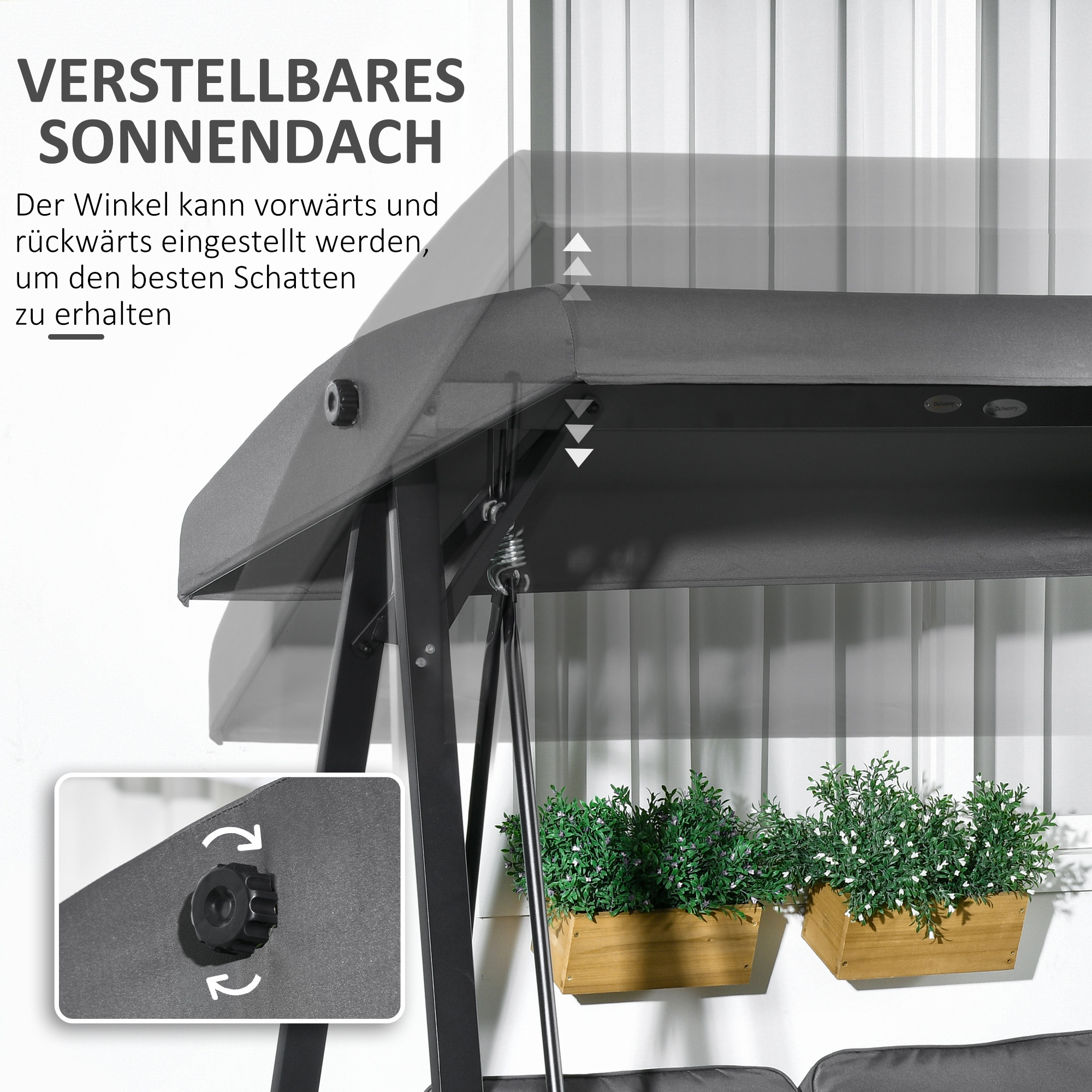 Hollywoodschaukel, 2-Sitzer Gartenschaukel mit verstellbarem Dach, bis 220 kg belastbar, 145 x 116 x 172 cm, Dunkelgrau
