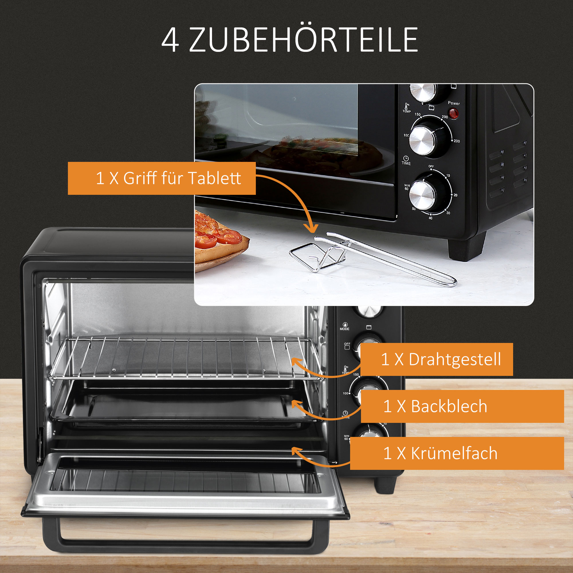 Mini-Ofen Toasterofen, 1 Backblech, 1 Grilrost, Timer-Funktion, Schwarz