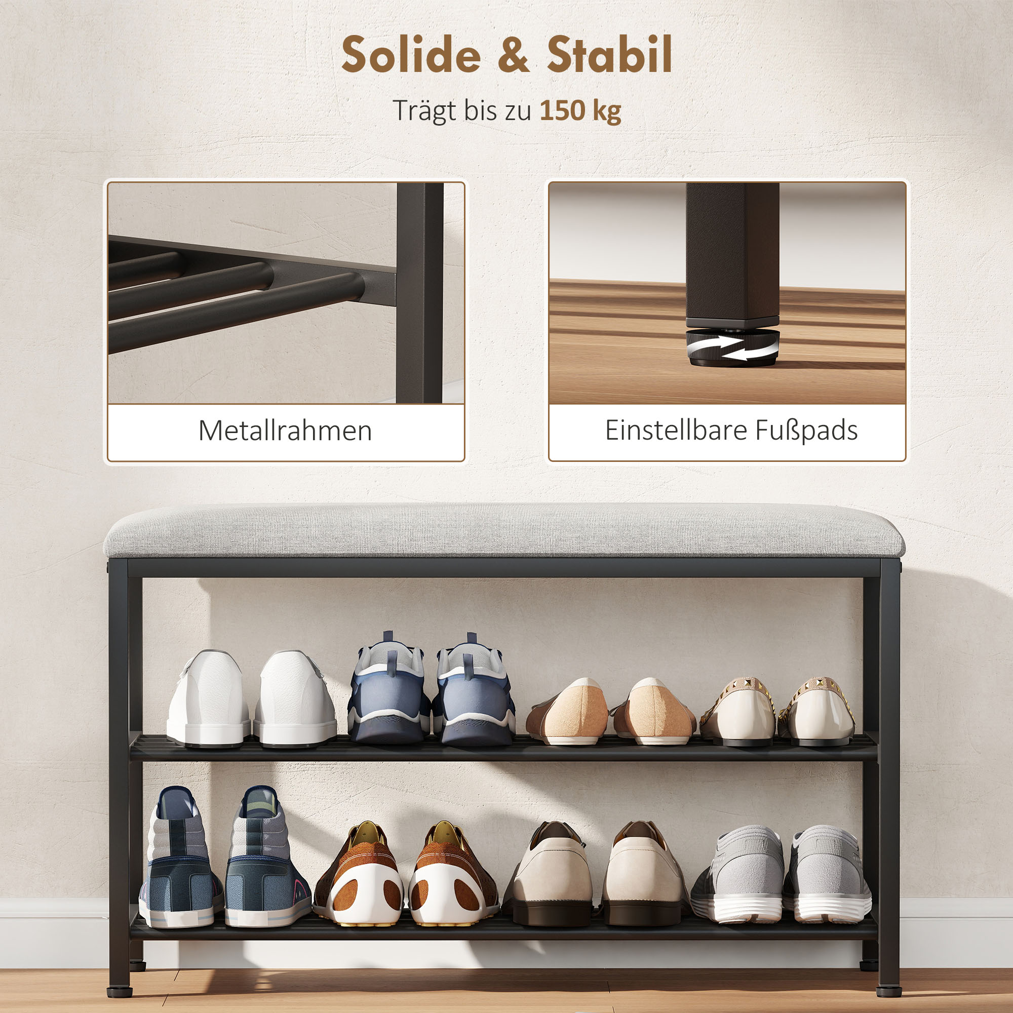 Schuhbank mit Sitzfläche, Sitzbank mit Stauraum, Schuhregal mit 2 offene Fächer, Sitzbank 81 x 31 x 50 cm Schwarz